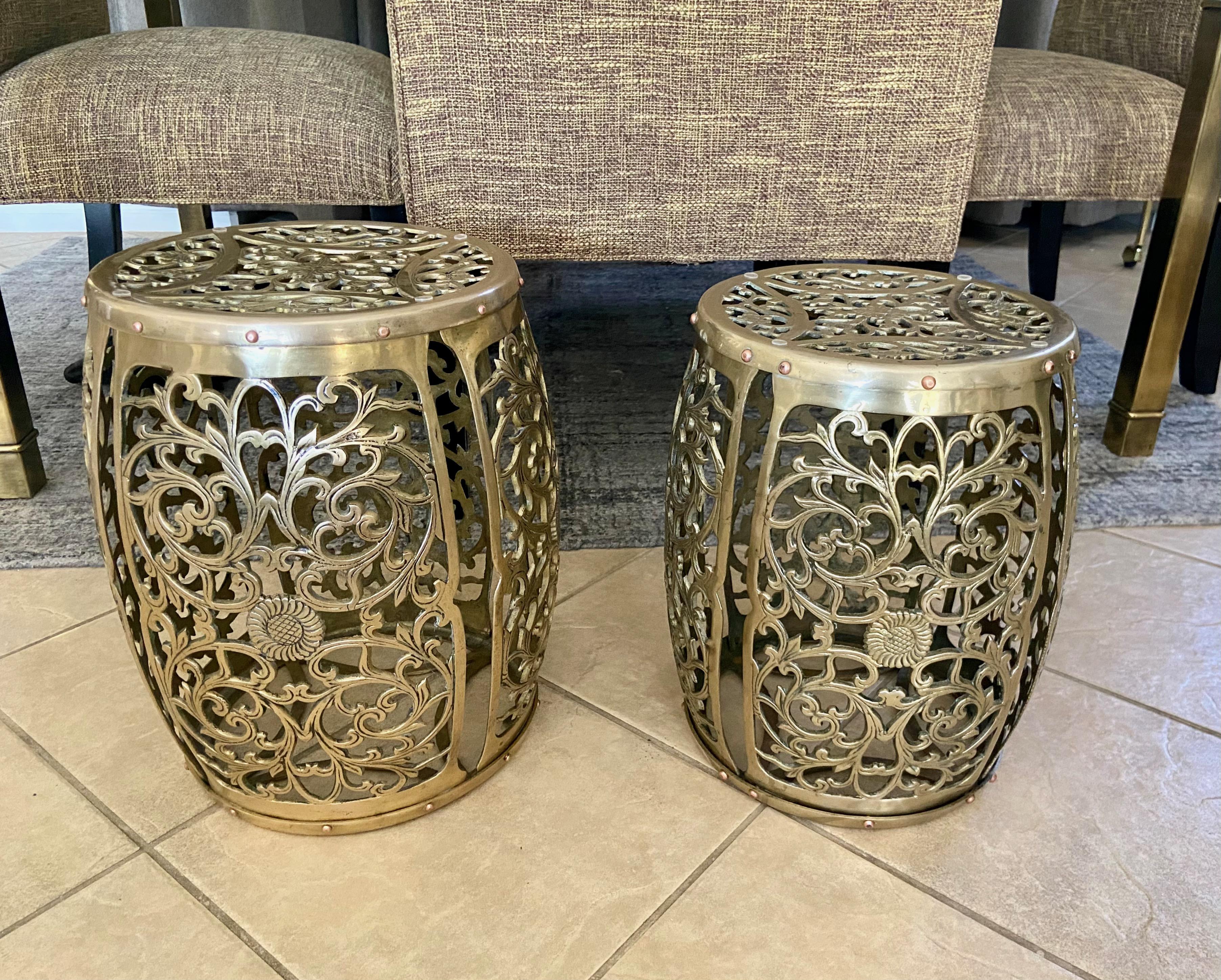Japanese Pair Asian Brass Round Garden Stools  For Sale