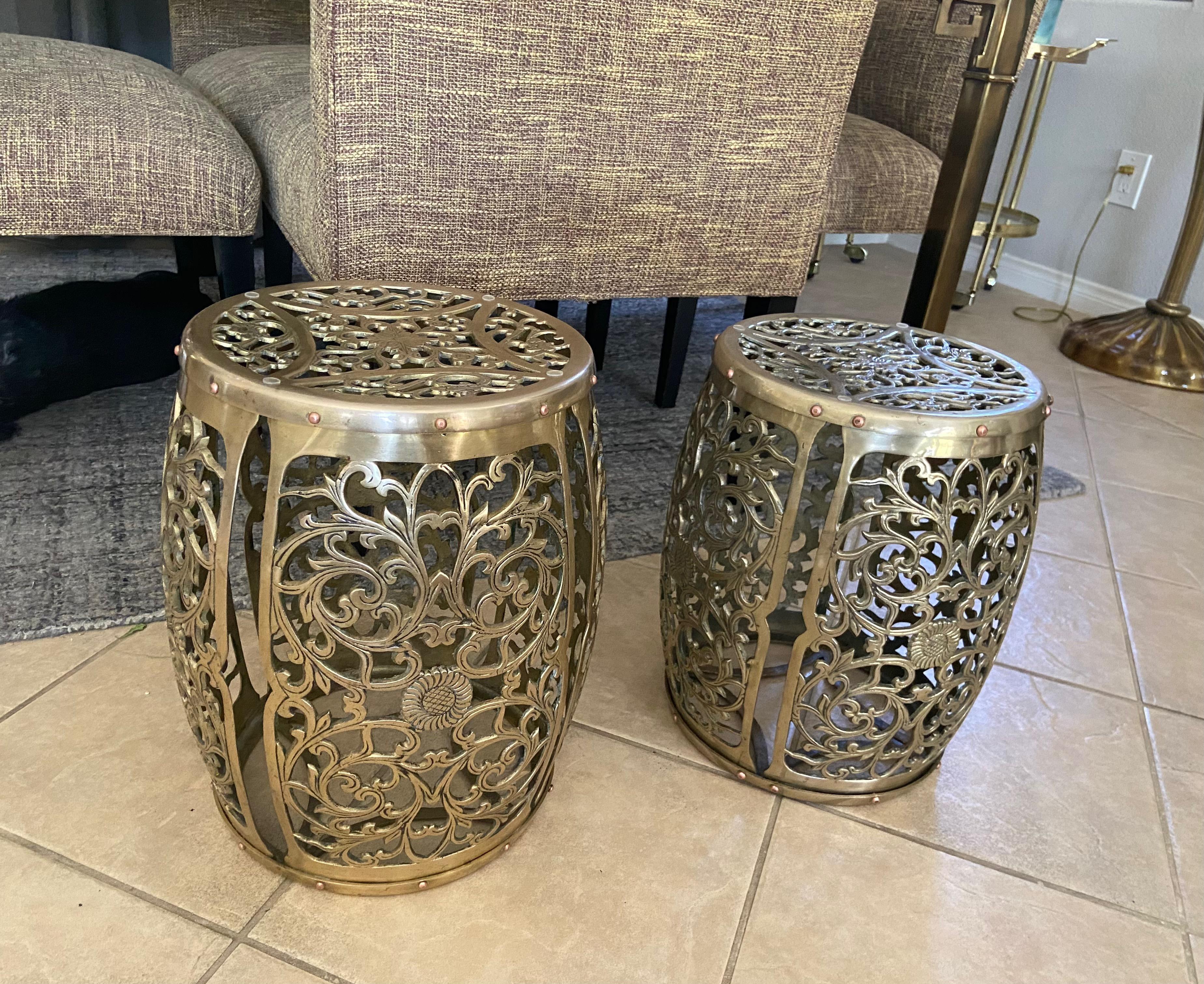 Mid-20th Century Pair Asian Brass Round Garden Stools  For Sale