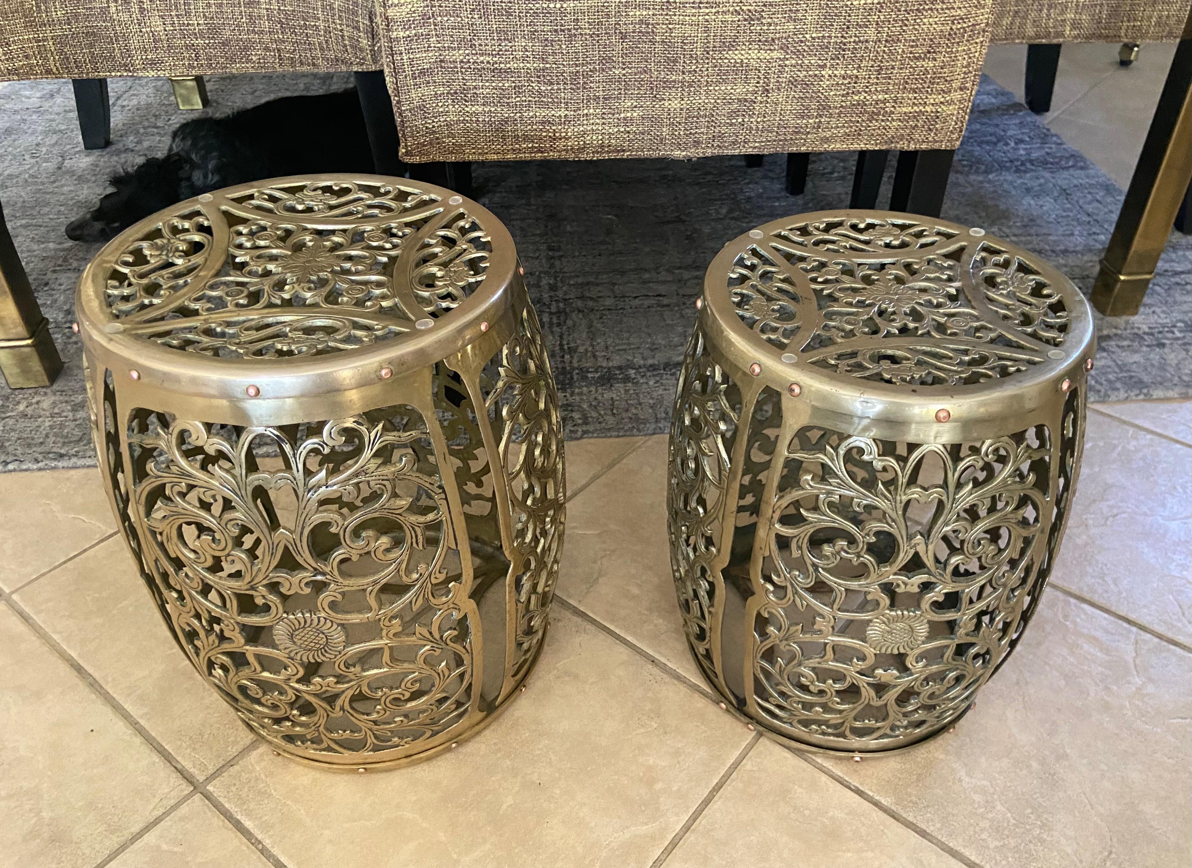 Pair Asian Brass Round Garden Stools  For Sale 1
