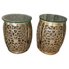 Pair Asian Brass Round Garden Stools or Side Tables