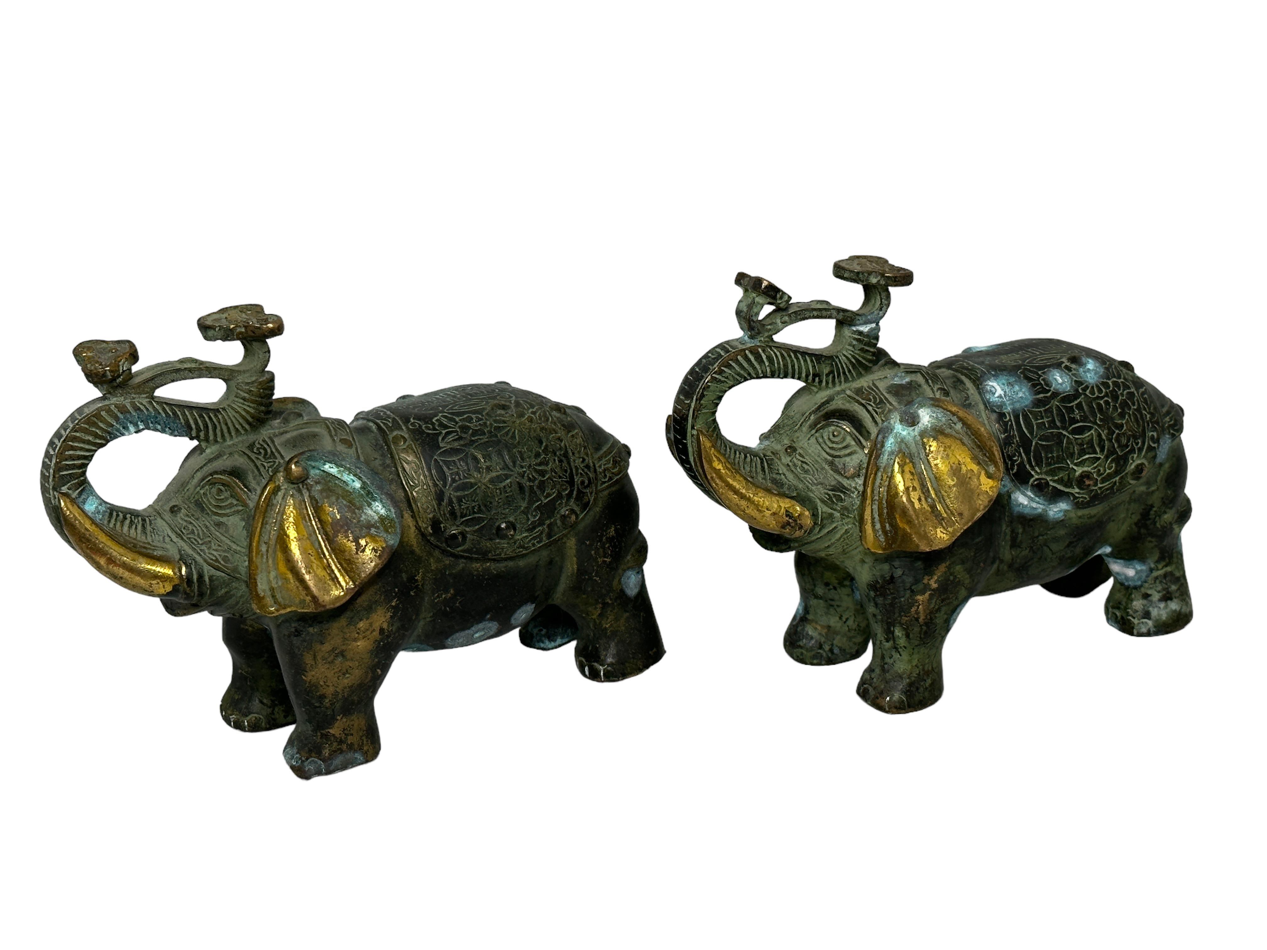 Metal Pair Asian Bronze Elephant Sculptures Figures Vintage, 1960s For Sale