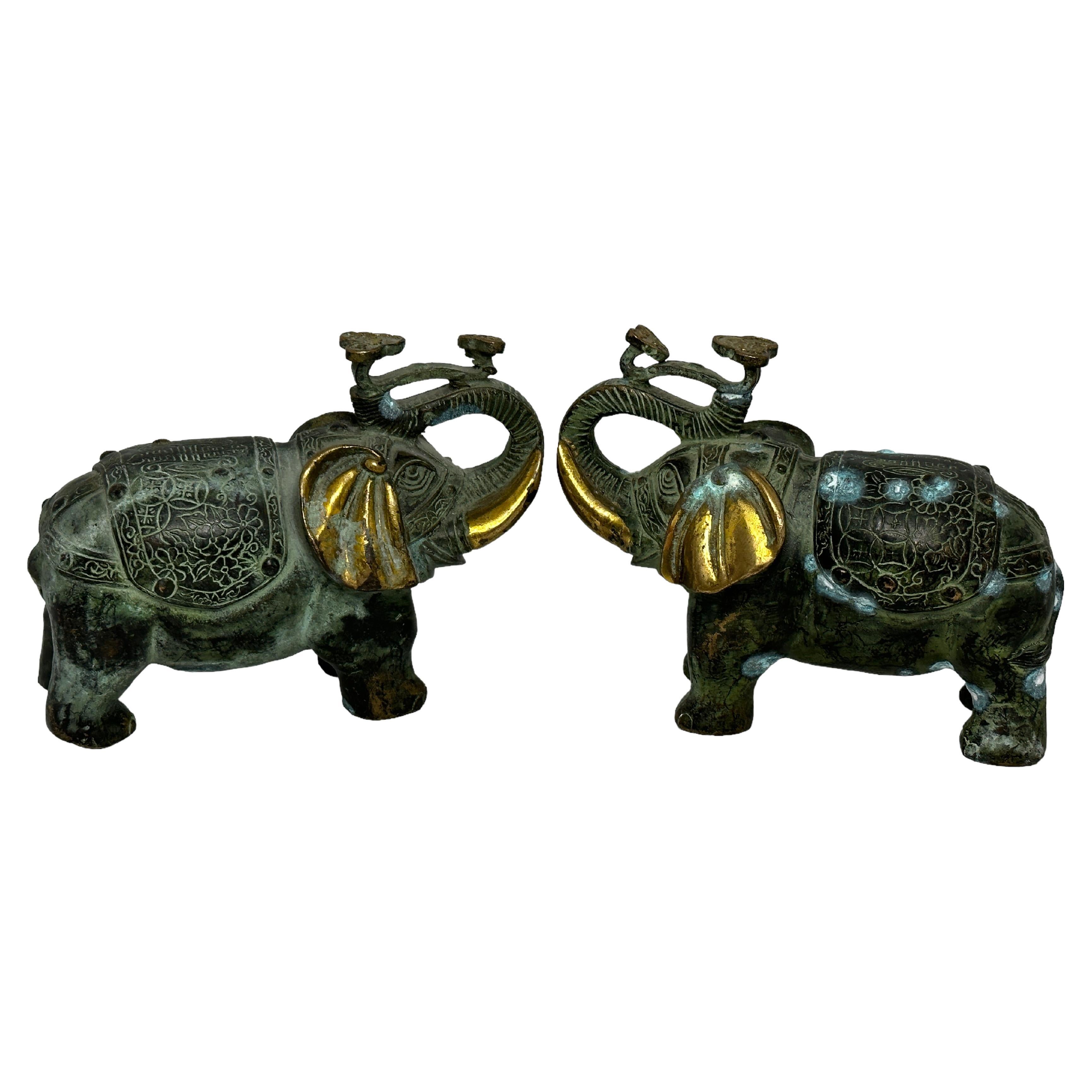 Pair Asian Bronze Elephant Sculptures Figures Vintage, 1960s For Sale