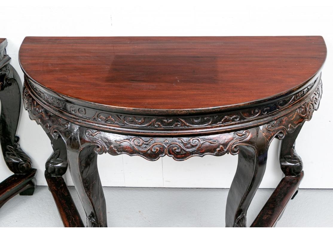 Pair of Chinese Carved Demi-Lune Consoles or Center Table In Good Condition For Sale In Bridgeport, CT