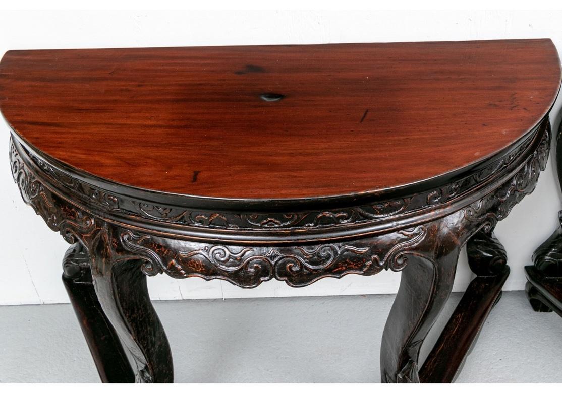 Wood Pair of Chinese Carved Demi-Lune Consoles or Center Table For Sale