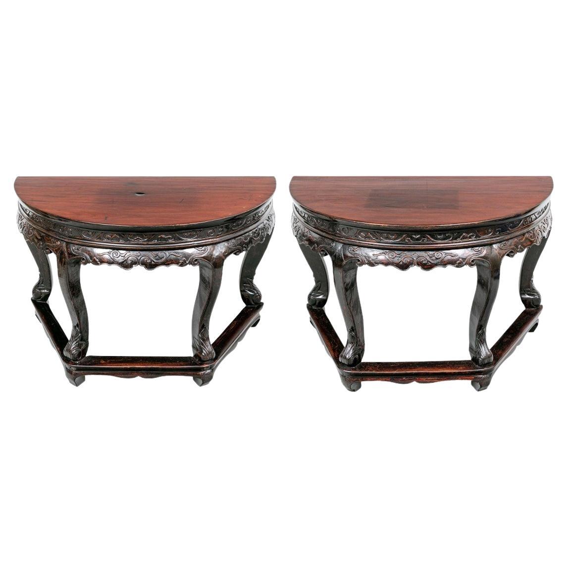 Pair of Chinese Carved Demi-Lune Consoles or Center Table