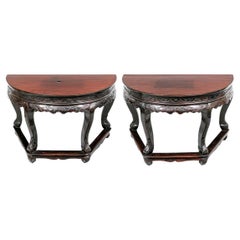 Pair Asian Carved Demi-Lune Consoles or Center Table