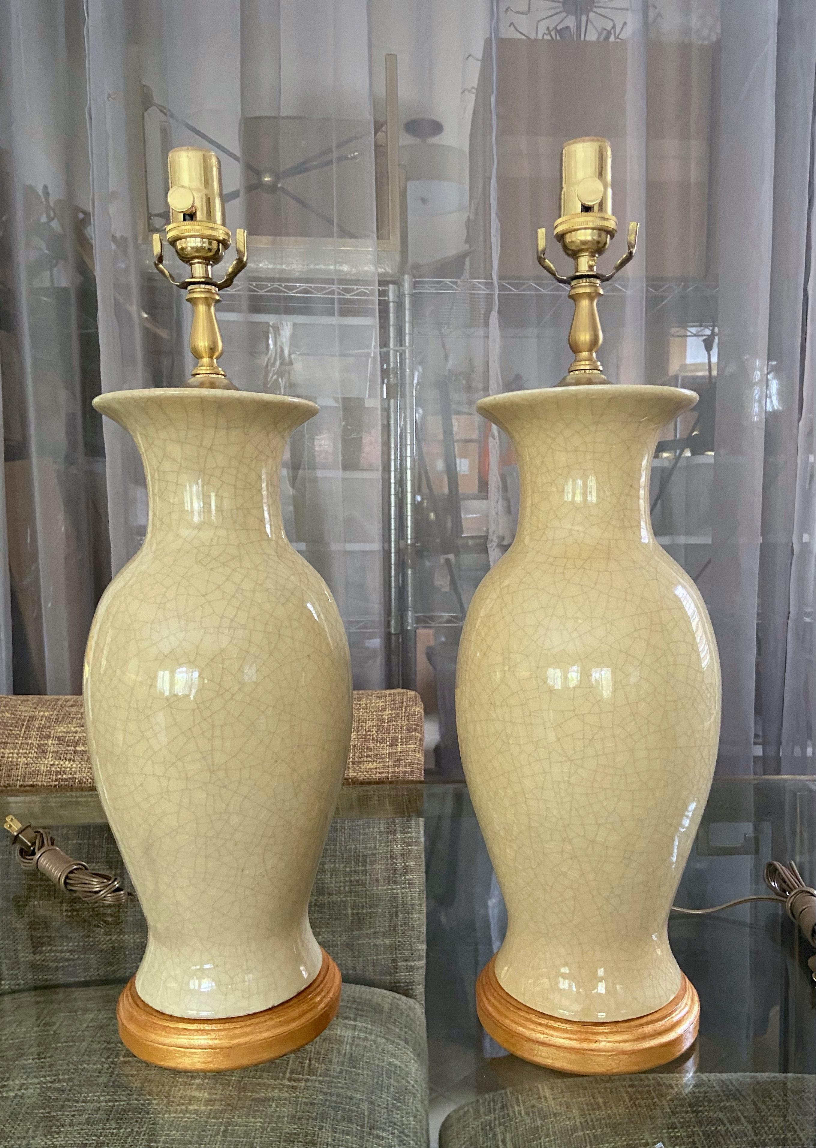 Pair Asian Chinese Pale Yellow Porcelain Table Lamps 9