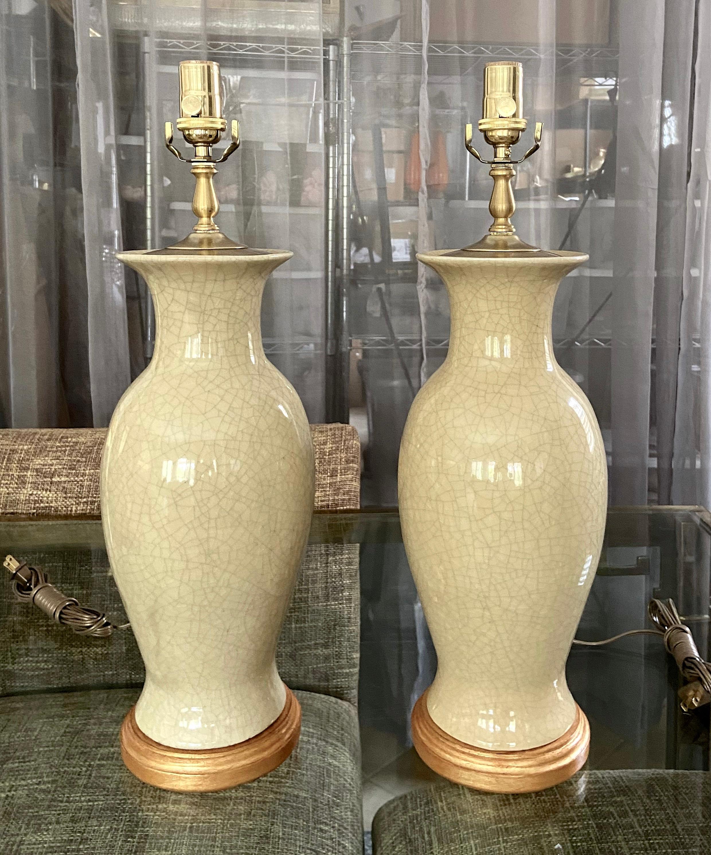 Mid-20th Century Pair Asian Chinese Pale Yellow Porcelain Table Lamps