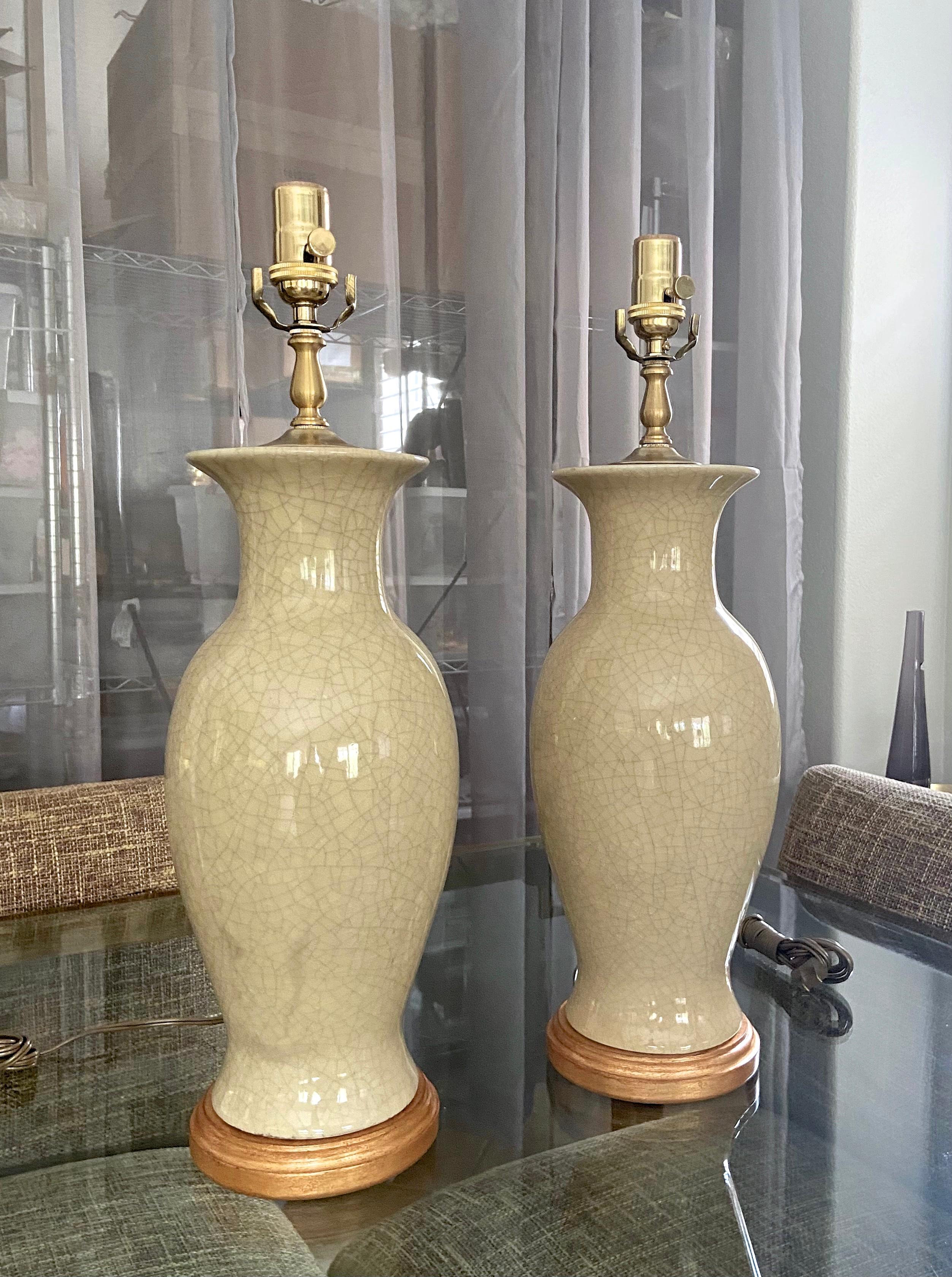 Brass Pair Asian Chinese Pale Yellow Porcelain Table Lamps