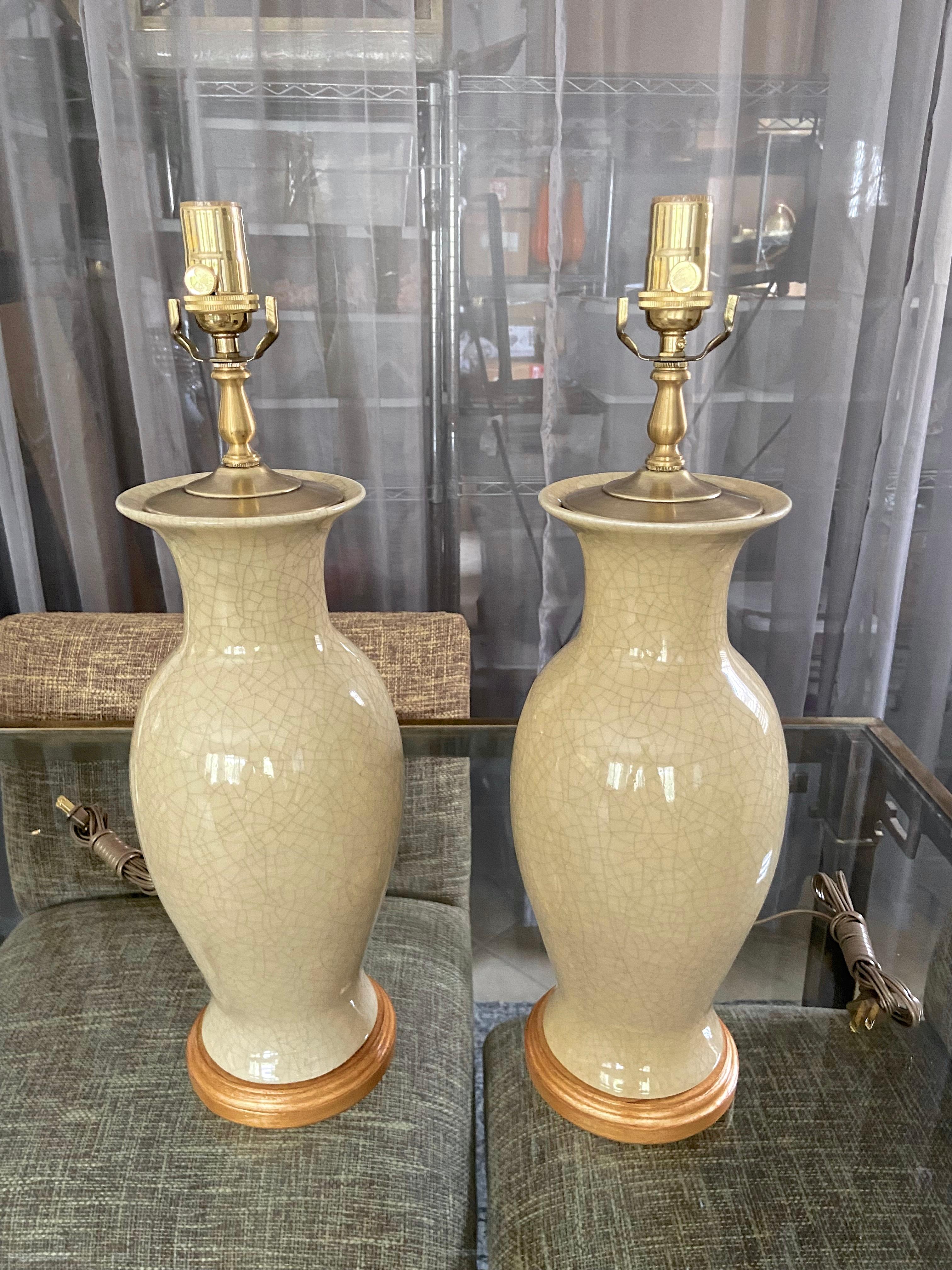 Pair Asian Chinese Pale Yellow Porcelain Table Lamps 2