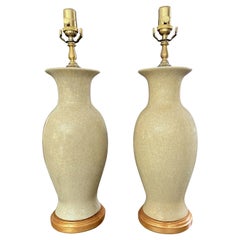 Pair Asian Chinese Pale Yellow Porcelain Table Lamps