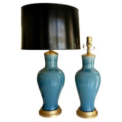 Coppia di lampade da tavolo asiatiche in porcellana grigio-blu