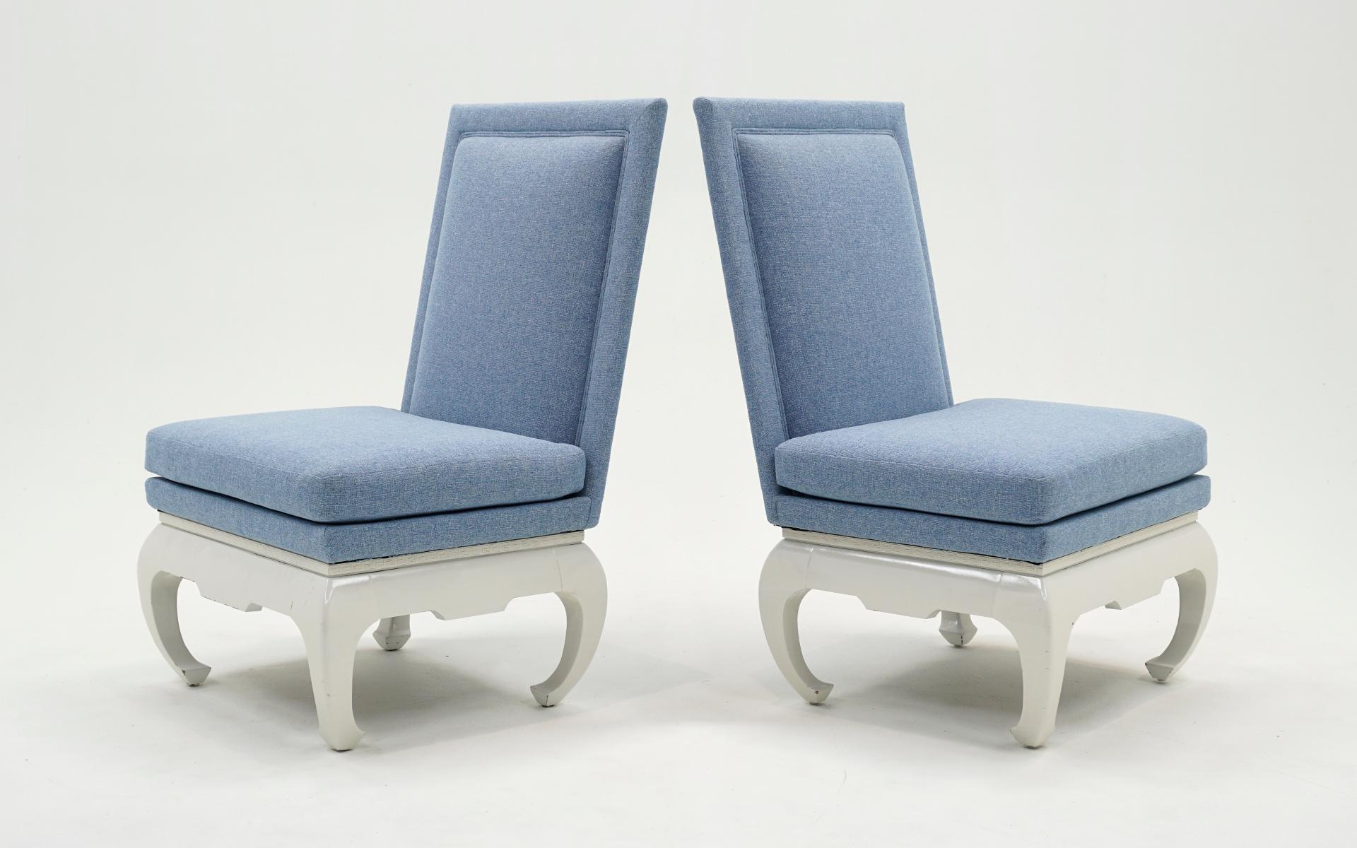 Mid-Century Modern Pair Asian Inspired Lounge / Slipper Chairs. White Frames, Light Blue Upholstery For Sale