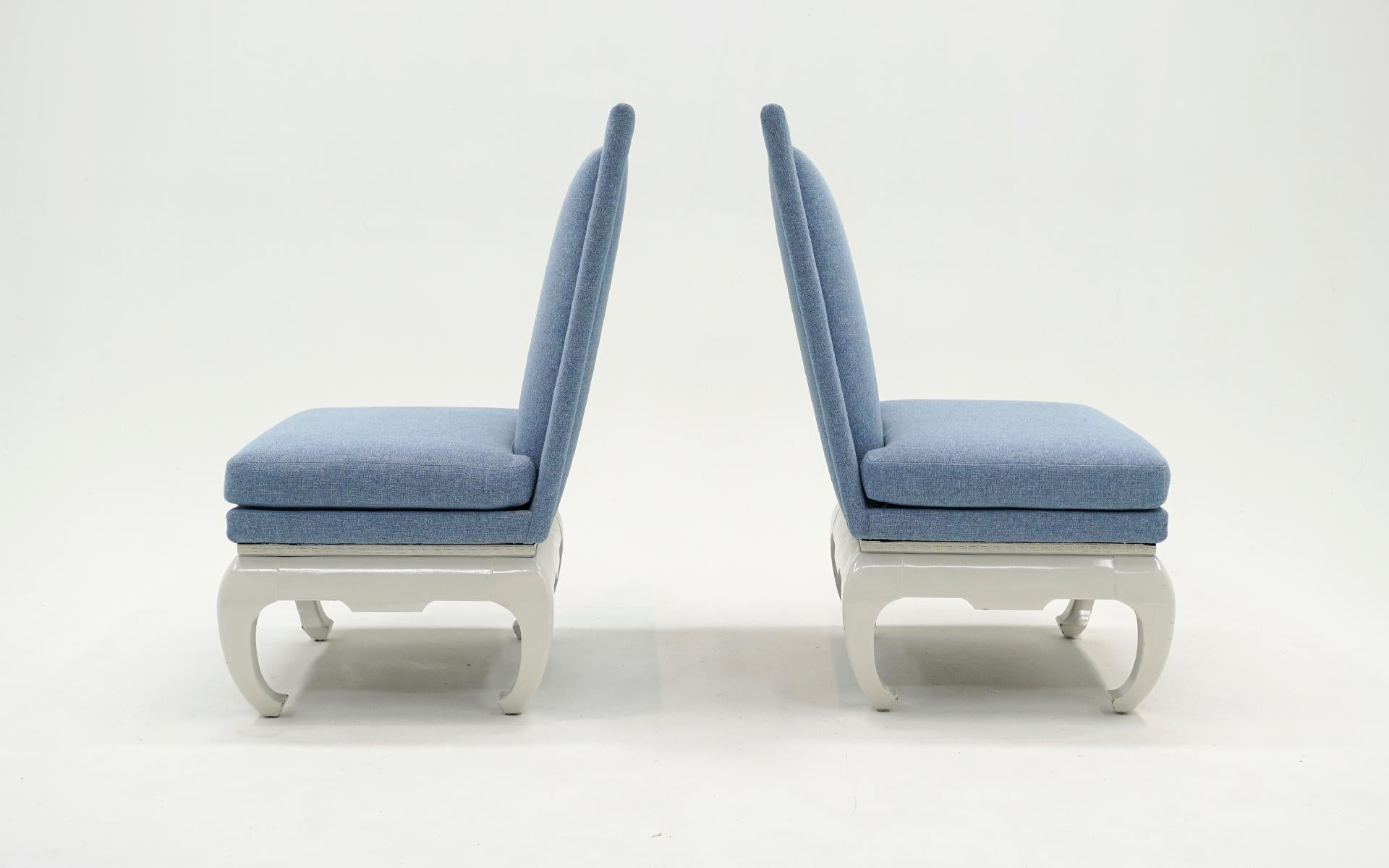 American Pair Asian Inspired Lounge / Slipper Chairs. White Frames, Light Blue Upholstery For Sale