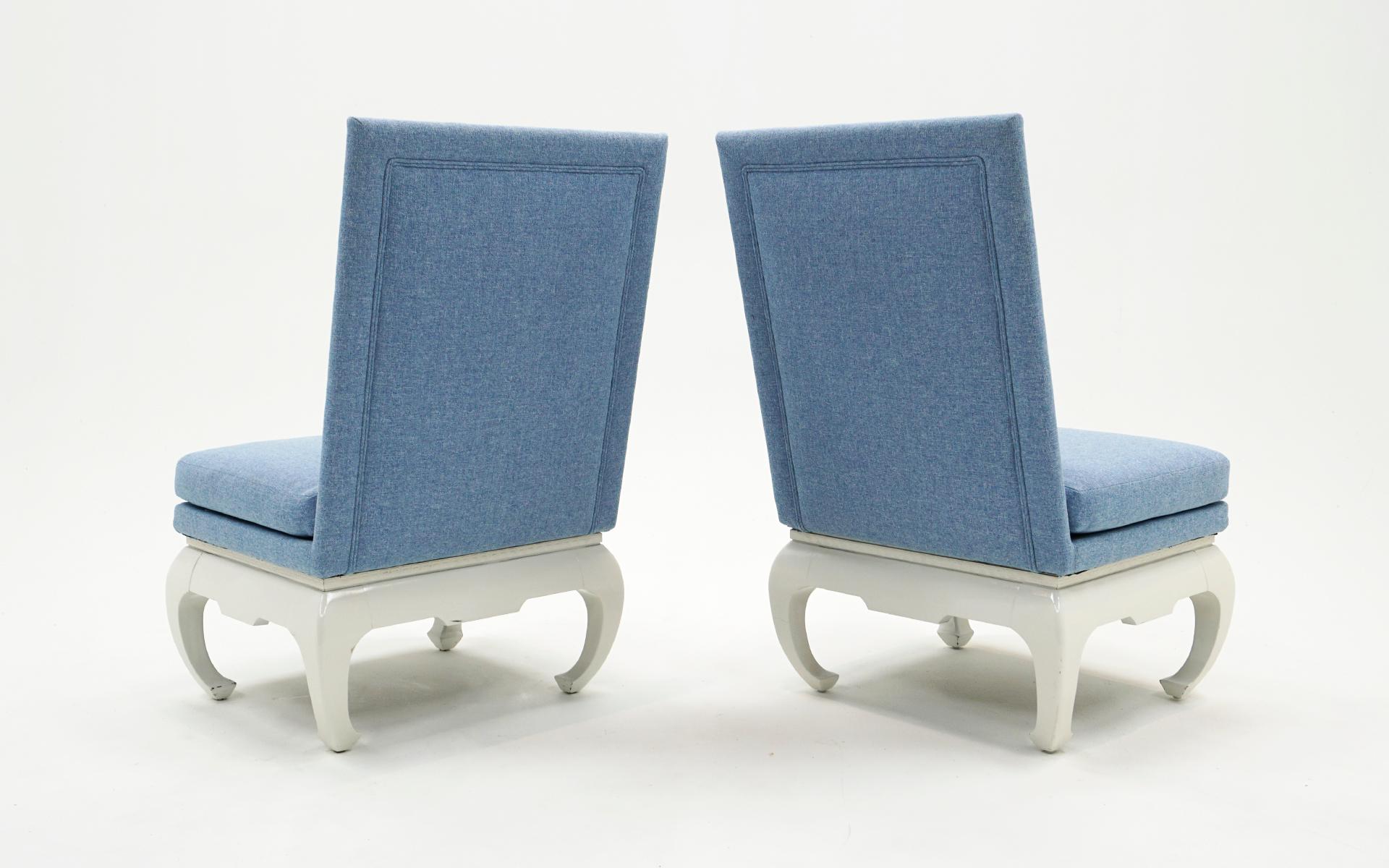 Pair Asian Inspired Lounge / Slipper Chairs. White Frames, Light Blue Upholstery In Good Condition For Sale In Kansas City, MO