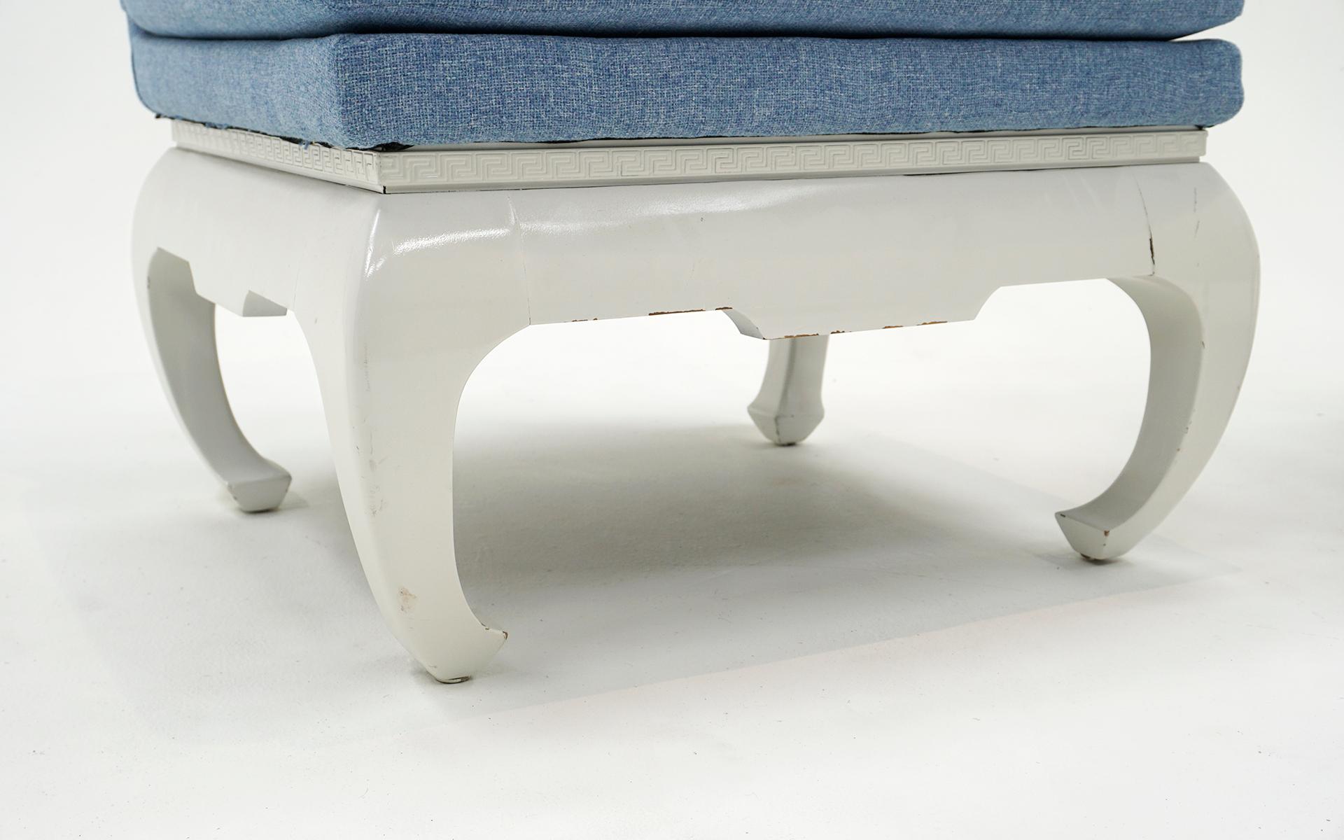 Pair Asian Inspired Lounge / Slipper Chairs. White Frames, Light Blue Upholstery For Sale 1