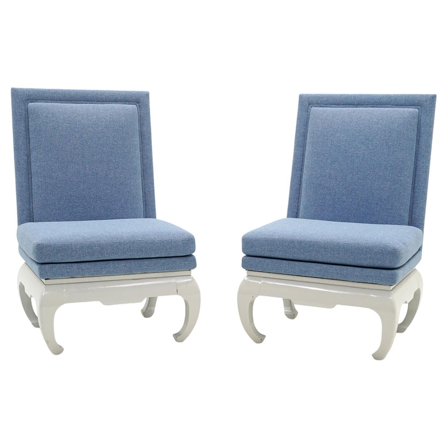 Pair Asian Inspired Lounge / Slipper Chairs. White Frames, Light Blue Upholstery For Sale