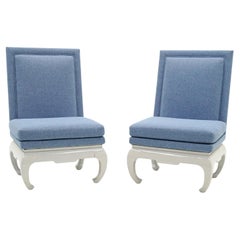Pair Asian Inspired Lounge / Slipper Chairs. White Frames, Light Blue Upholstery