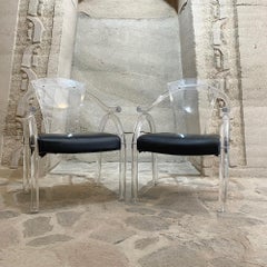 Pair Asian Inspired Lucite Chairs Navy Vinyl Charles Hollis Jones Modern Regency