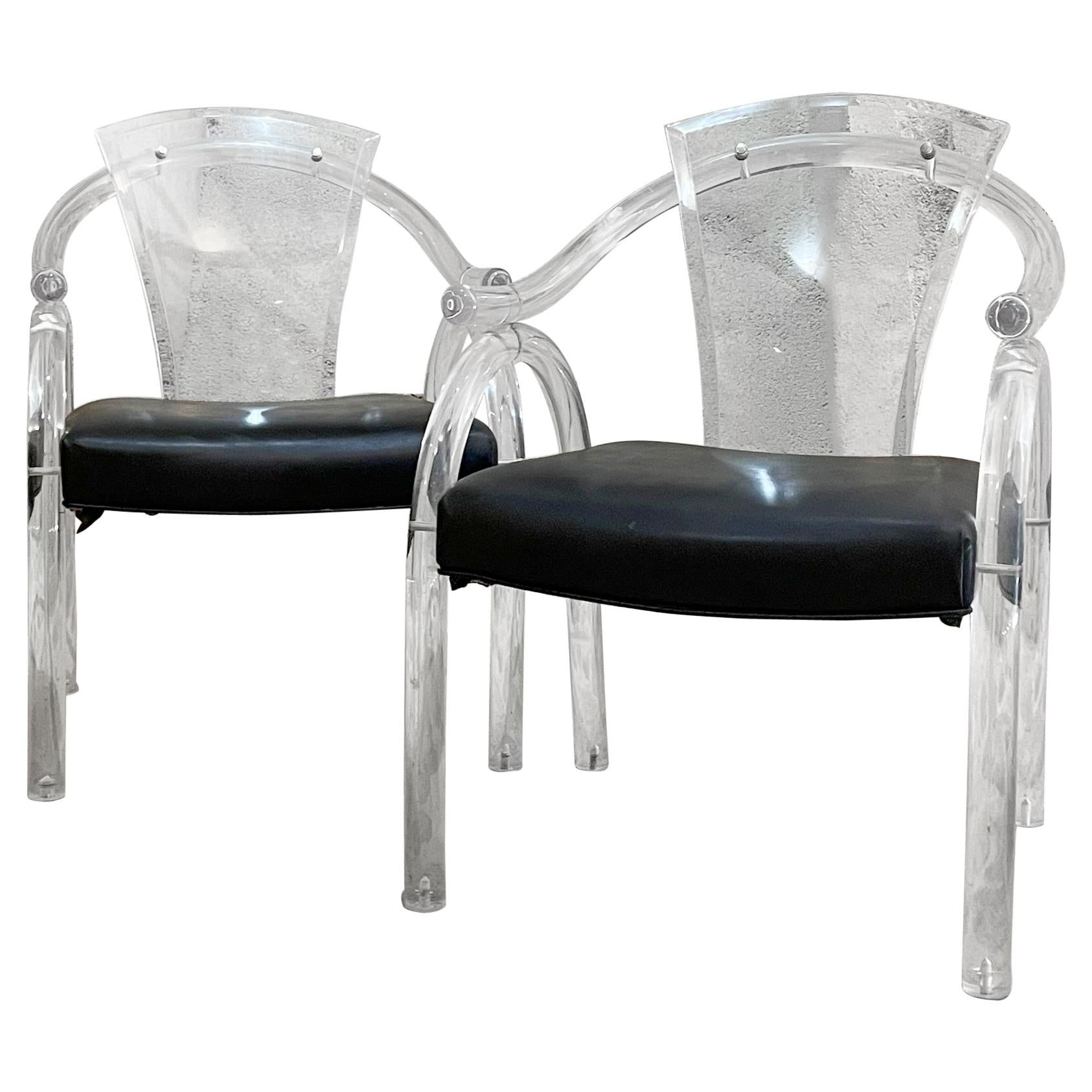 Pair Asian Inspired Lucite Chairs Navy Vinyl Charles Hollis Jones Modern Regency