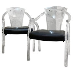 Pair Asian Inspired Lucite Chairs Navy Vinyl Charles Hollis Jones Modern Regency