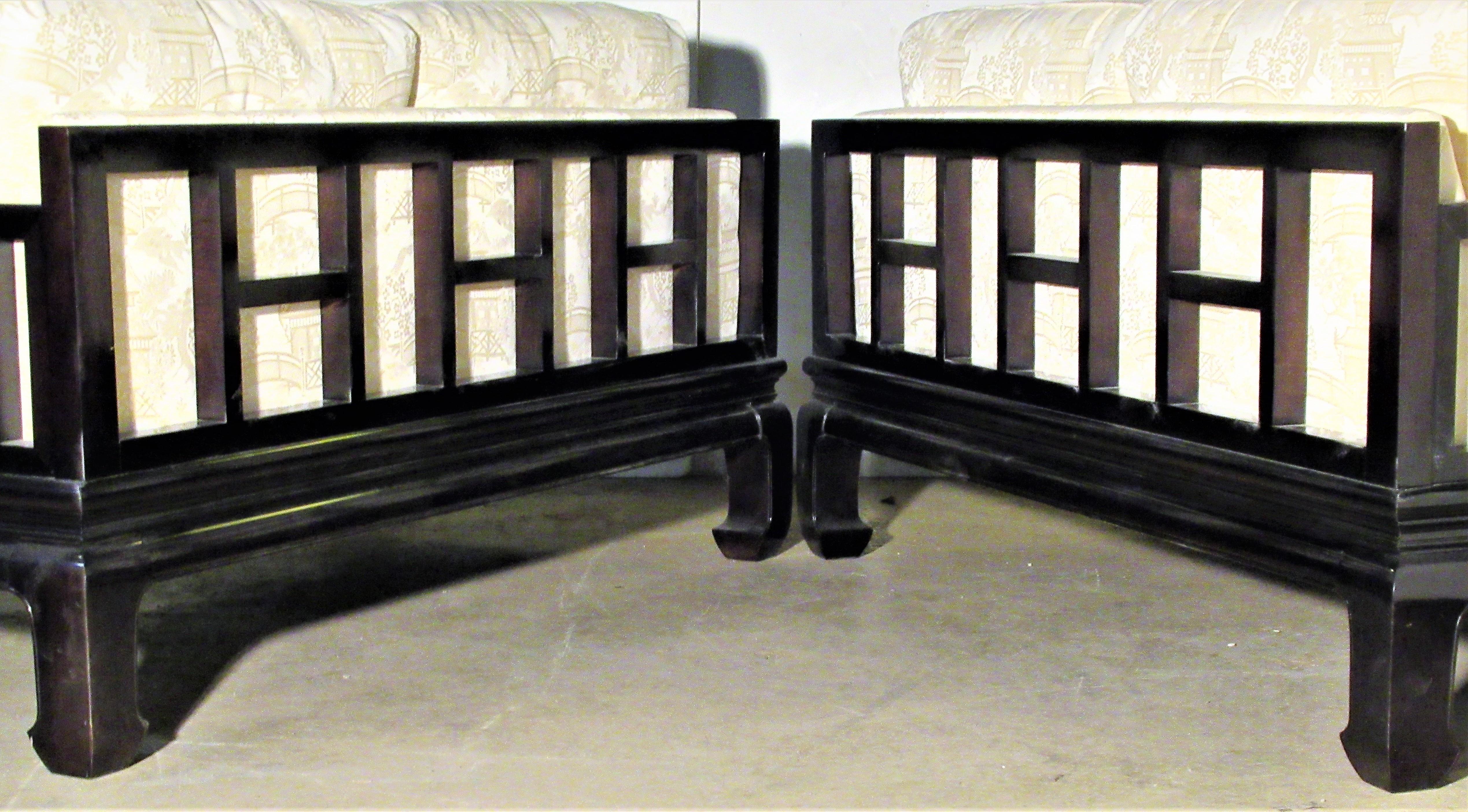 Chinoiserie Pair of Asian Modern Ebonized Sofas