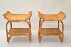 Pair, Asian Modern Handwoven Wicker & Rattan 2-Tier Side, Sofa, End Drink Tables