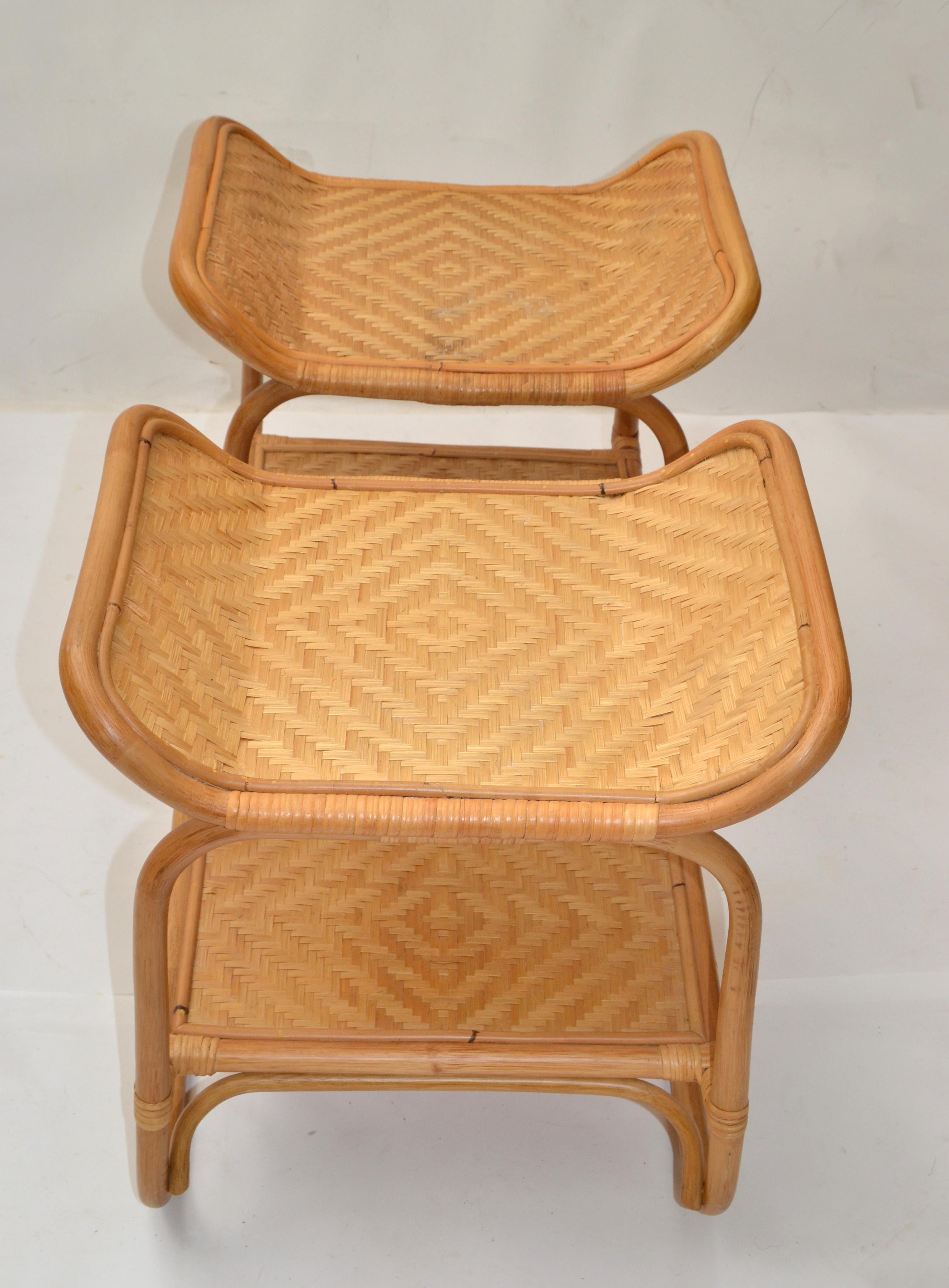 Indonesian Pair, Asian Modern Handwoven Wicker & Rattan 2-Tier Side, Sofa, End Drink Tables For Sale
