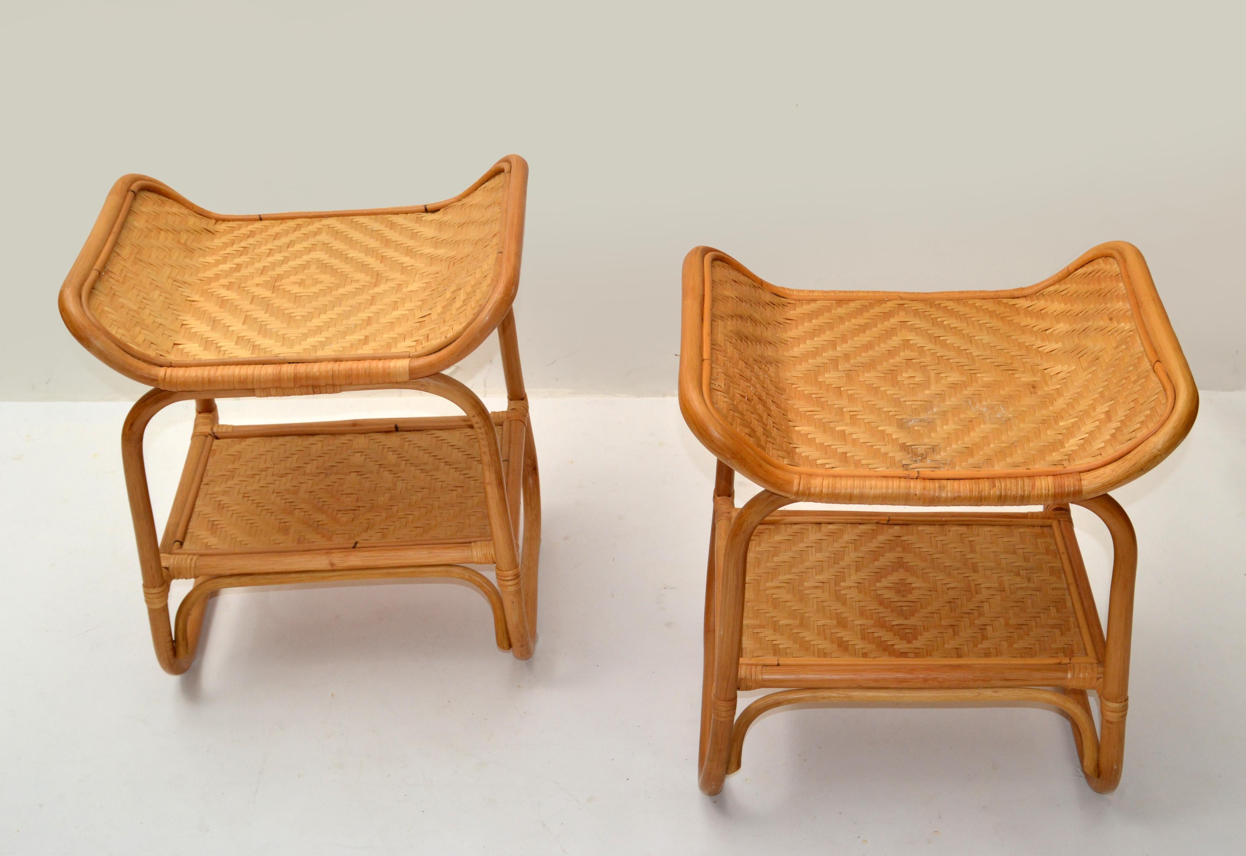 Pair, Asian Modern Handwoven Wicker & Rattan 2-Tier Side, Sofa, End Drink Tables In Good Condition For Sale In Miami, FL