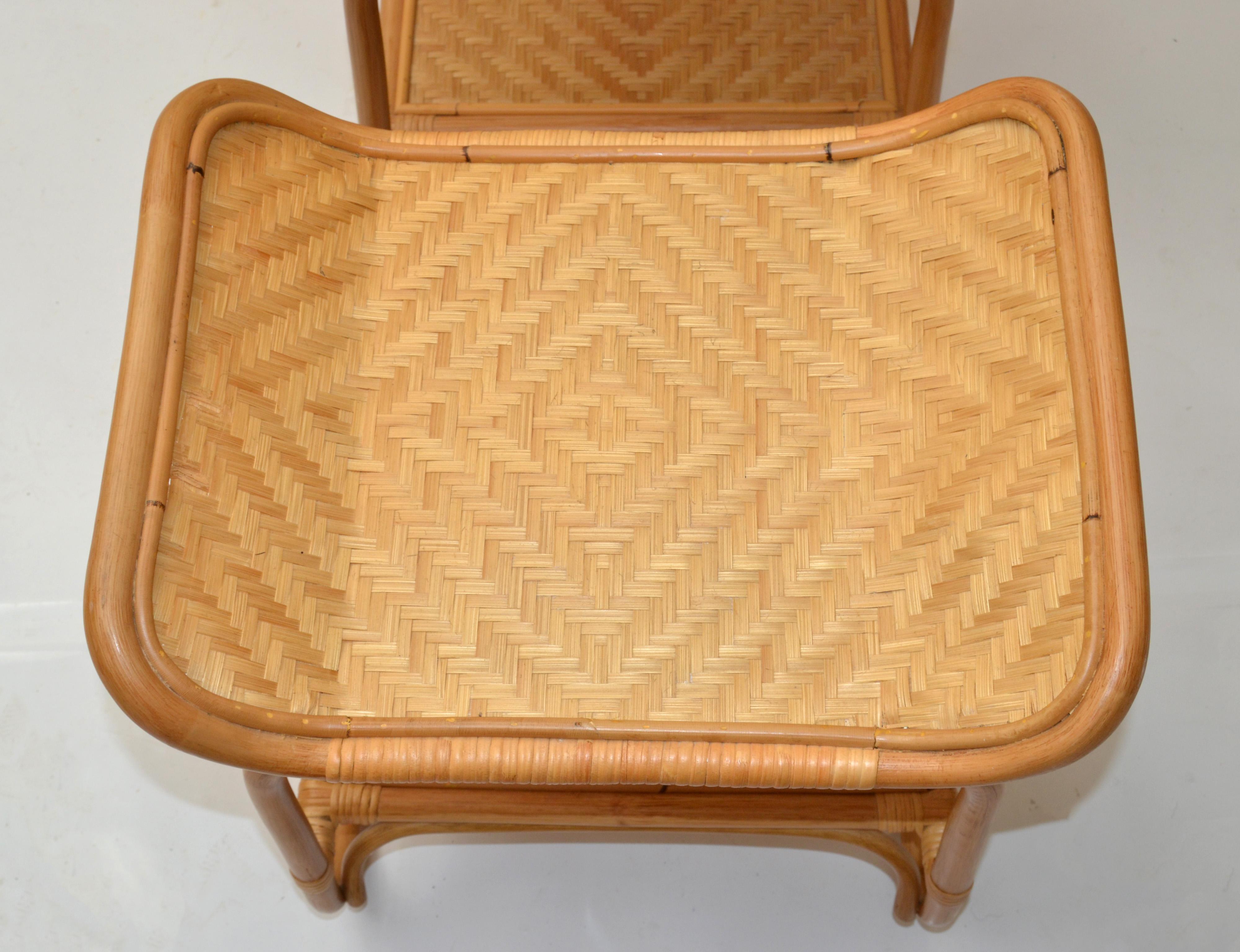 20th Century Pair, Asian Modern Handwoven Wicker & Rattan 2-Tier Side, Sofa, End Drink Tables For Sale