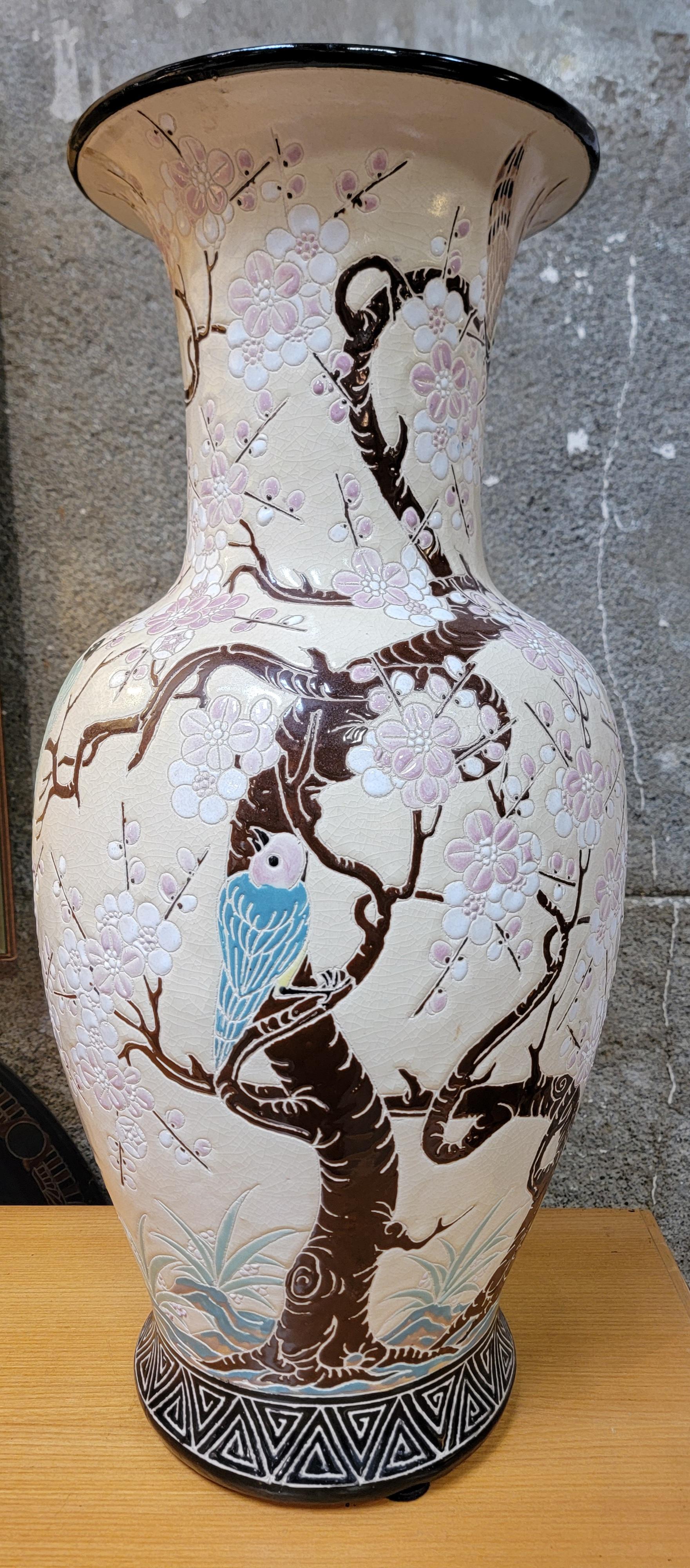Chinese Export Pair Asian Pottery Floor Jardinieres Birds For Sale