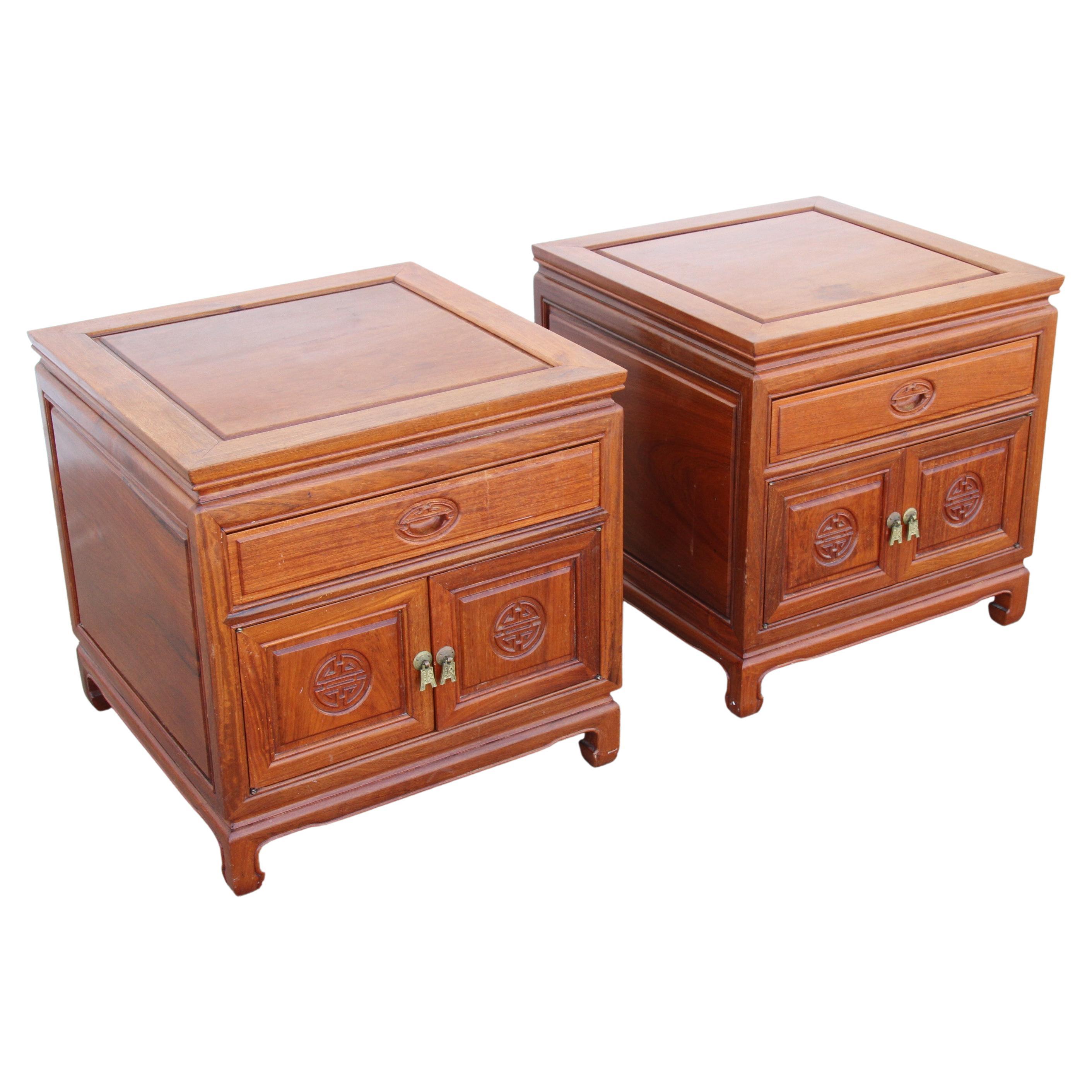 Pair Asian Rosewood Chinosarie Nightstands Side Tables