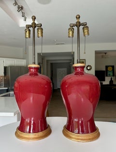 Pair Asian Sang De Boeuf Oxblood Meiping Porcelain Table Lamps