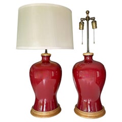 Pair Asian Sang De Boeuf Oxblood Meiping Porcelain Table Lamps