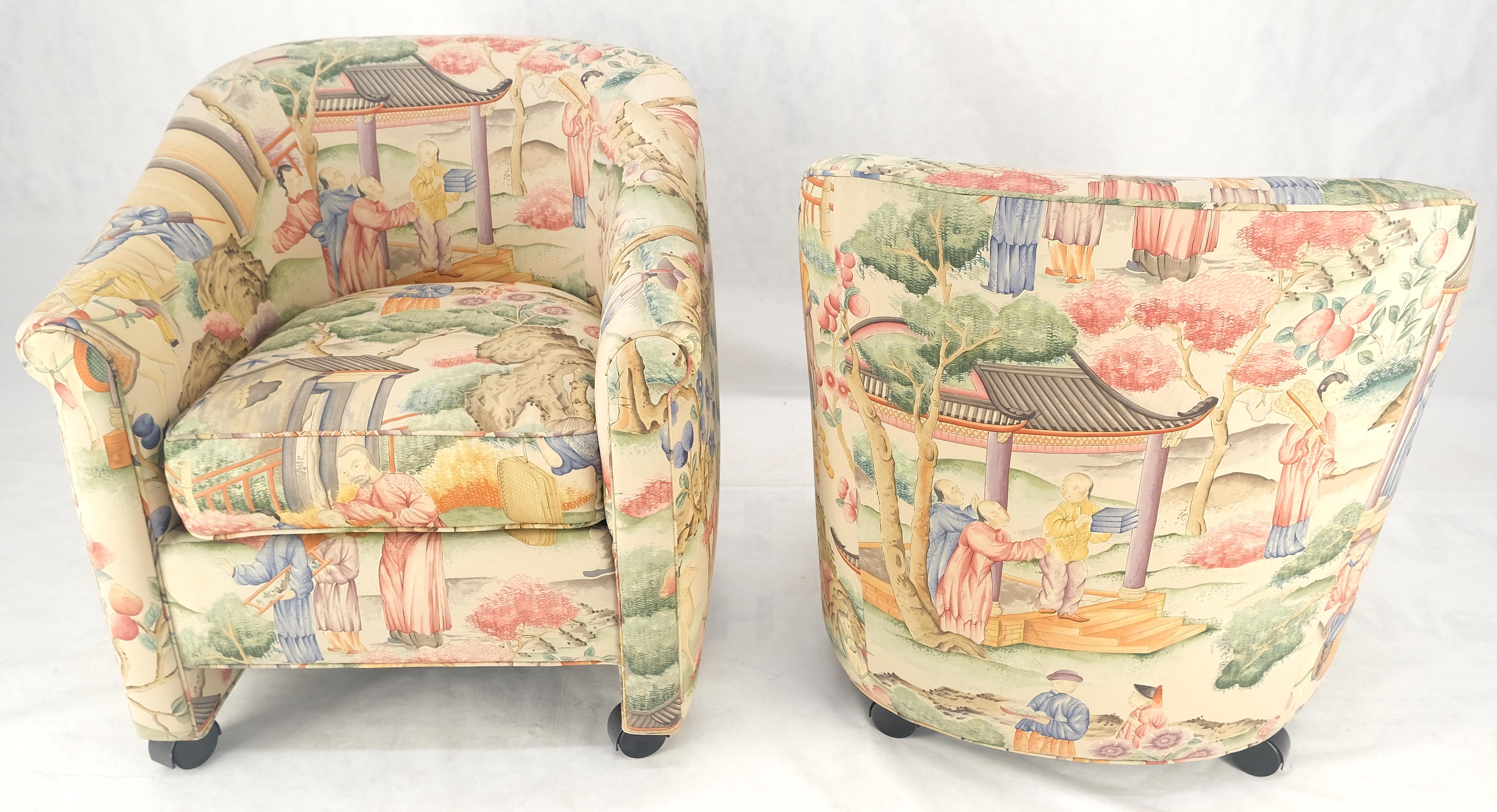 Custom Pair Asian Silk Motive Round Barrel Back Upholstery Lounge Chairs Casters MINT!