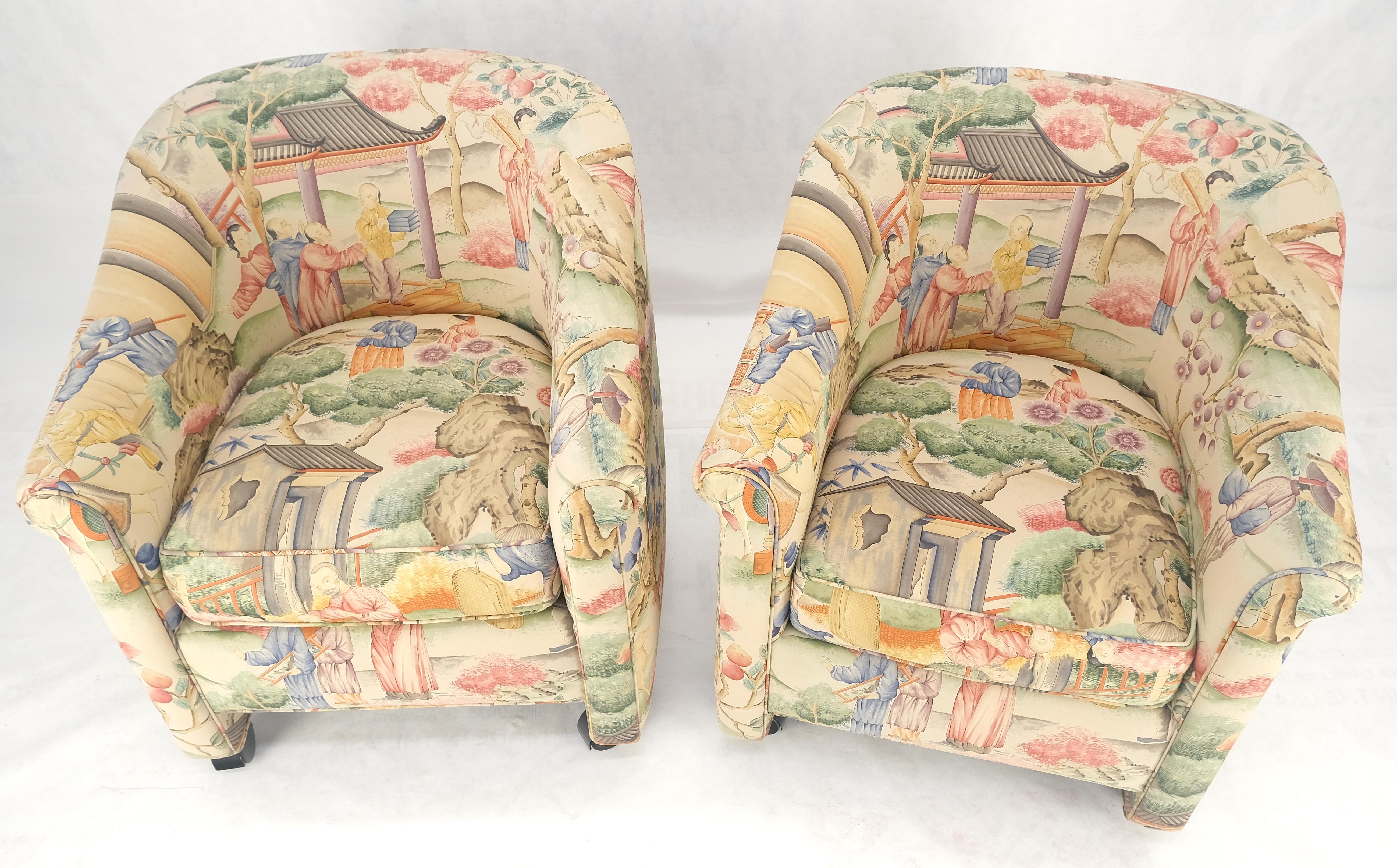 Mid-Century Modern Pair Asian Silk Motive Round Barrel Back Upholstery Lounge Chairs Casters MINT For Sale