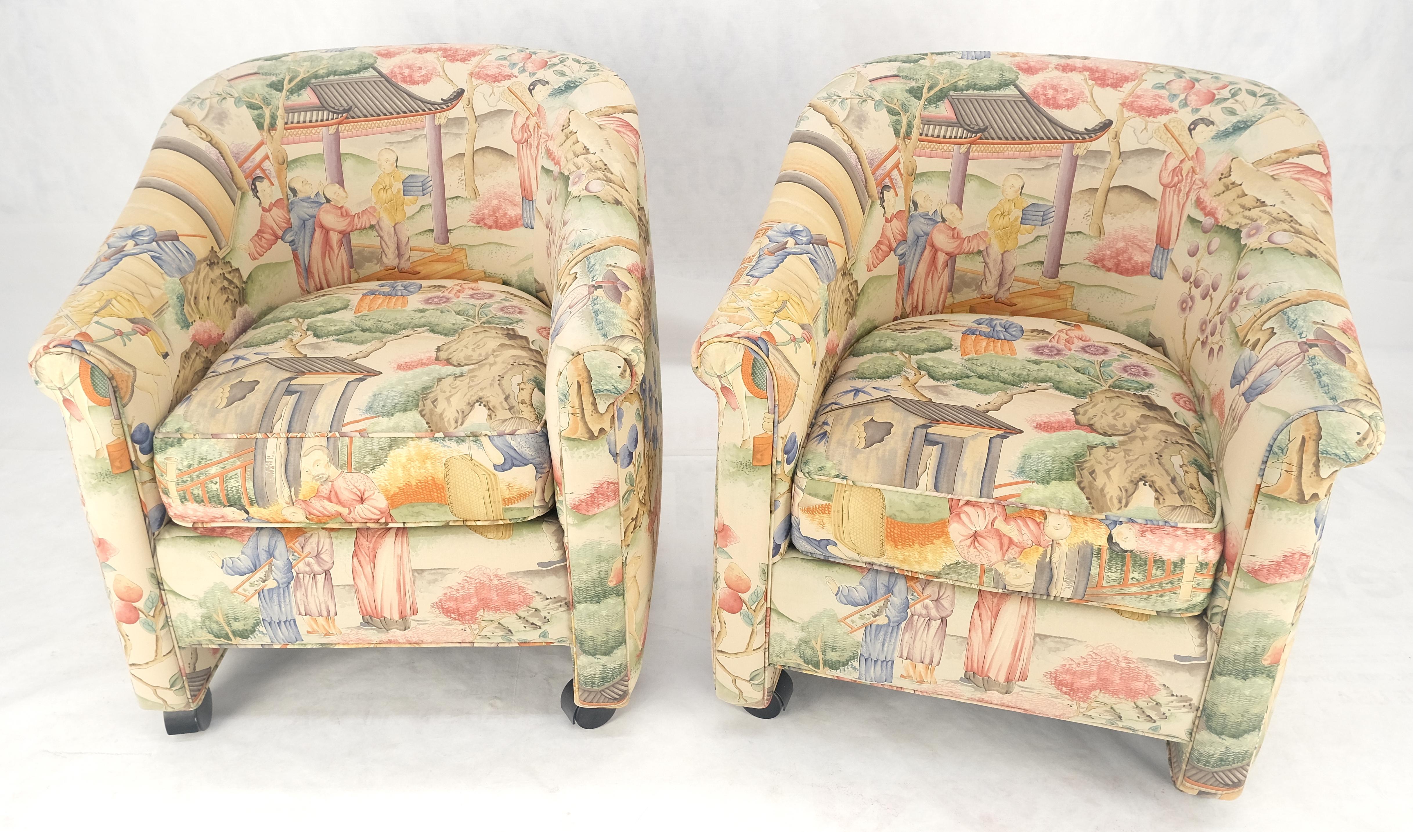 American Pair Asian Silk Motive Round Barrel Back Upholstery Lounge Chairs Casters MINT For Sale