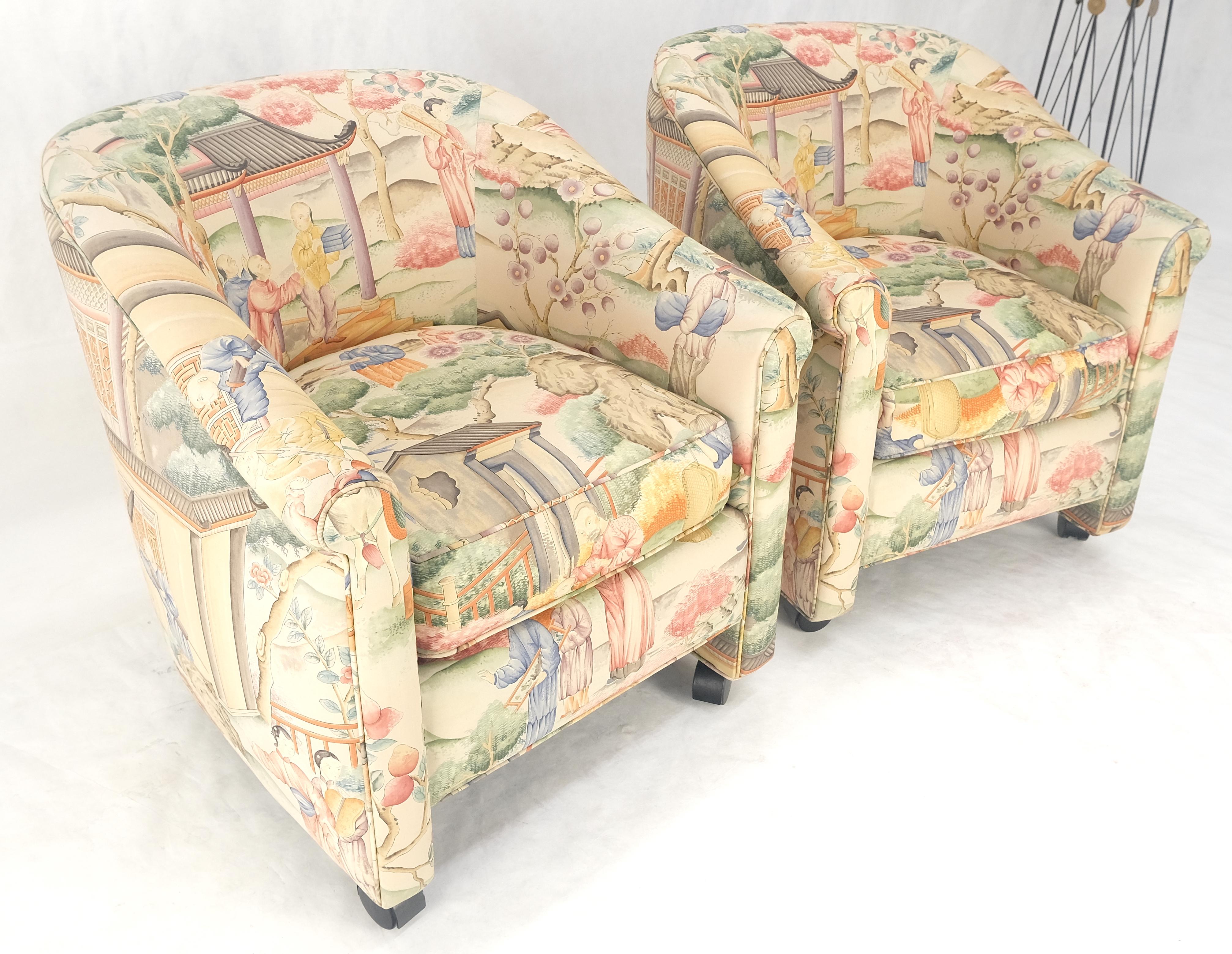 Pair Asian Silk Motive Round Barrel Back Upholstery Lounge Chairs Casters MINT In Good Condition For Sale In Rockaway, NJ