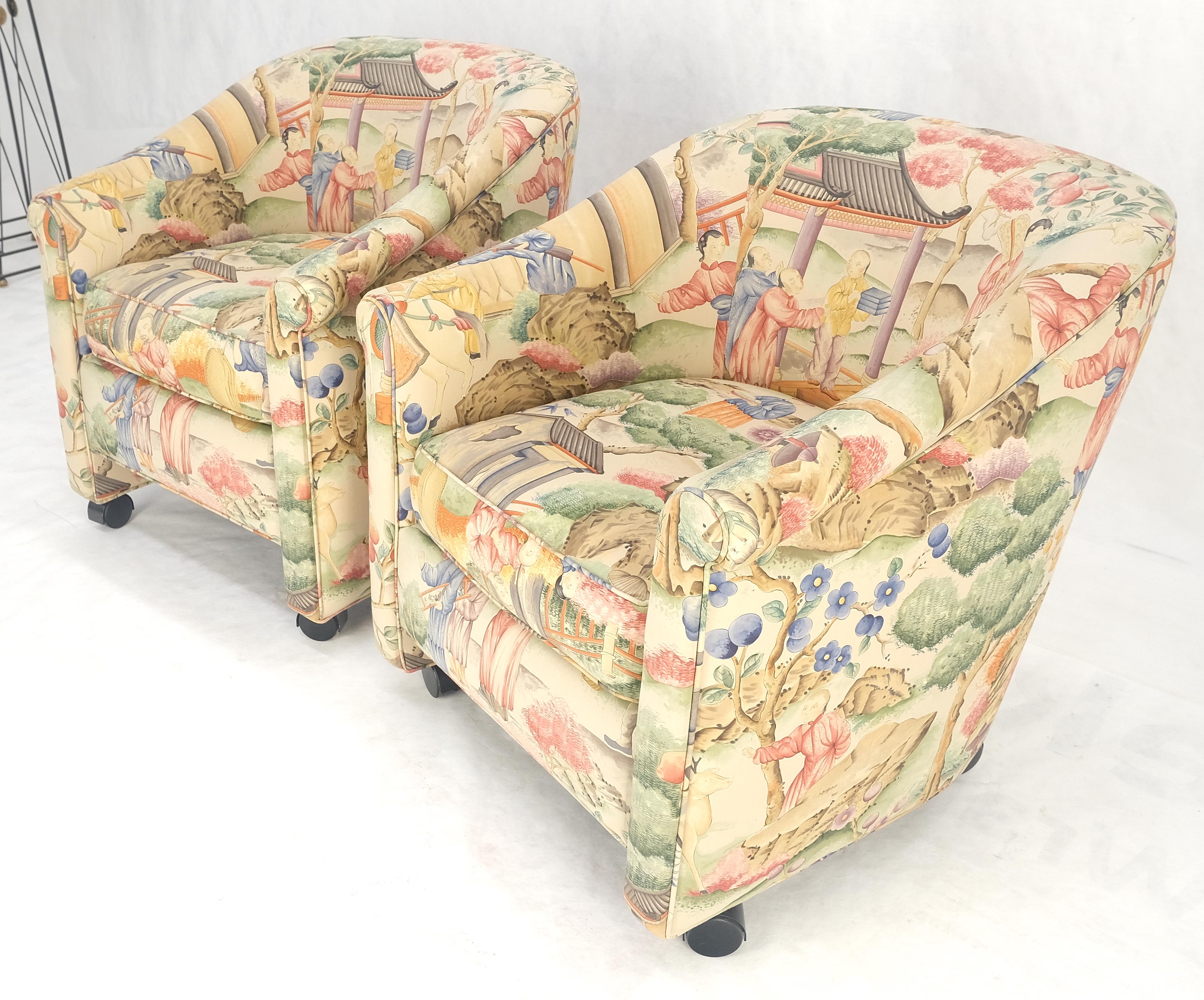 20th Century Pair Asian Silk Motive Round Barrel Back Upholstery Lounge Chairs Casters MINT For Sale