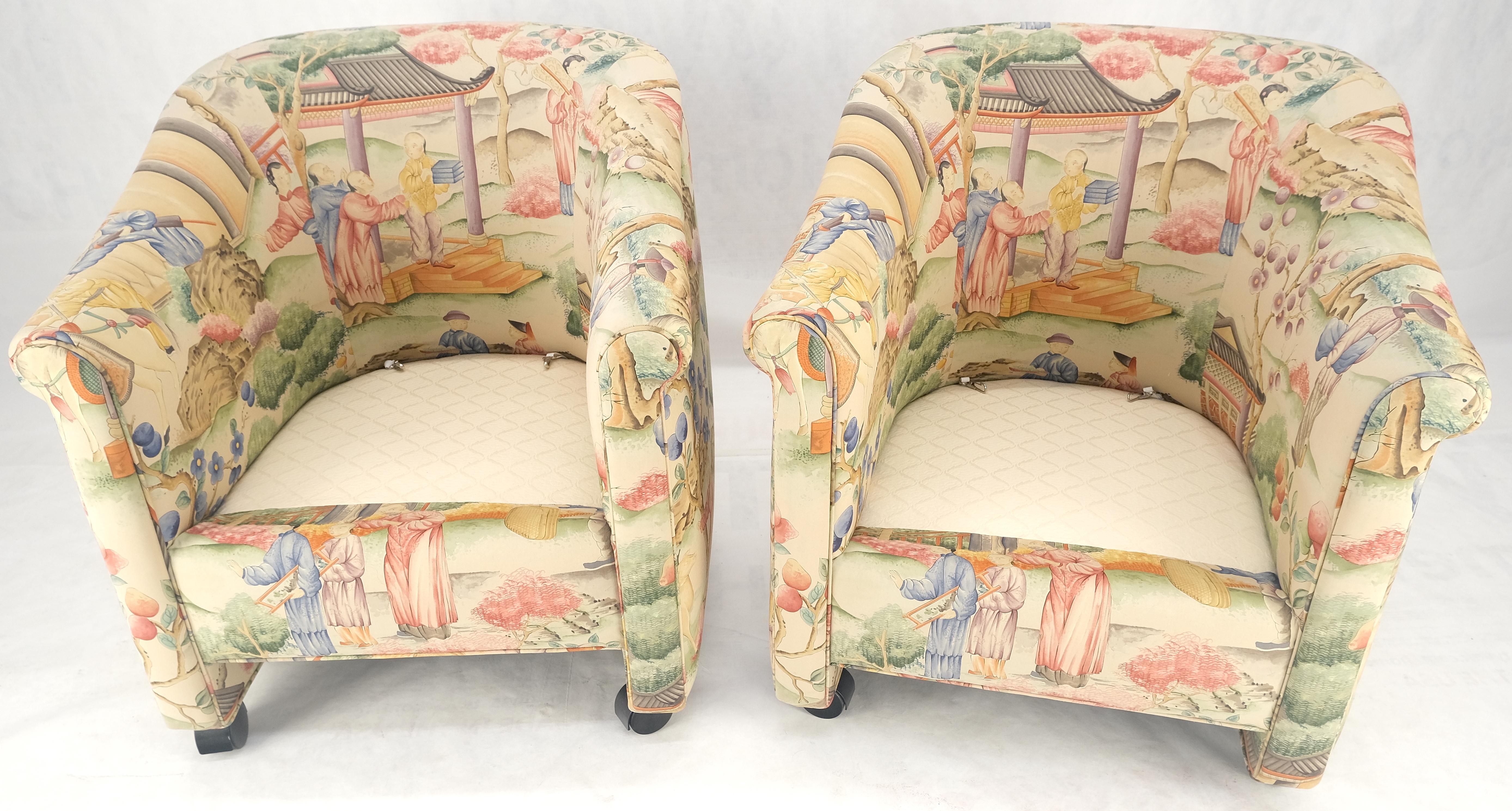 Pair Asian Silk Motive Round Barrel Back Upholstery Lounge Chairs Casters MINT For Sale 1