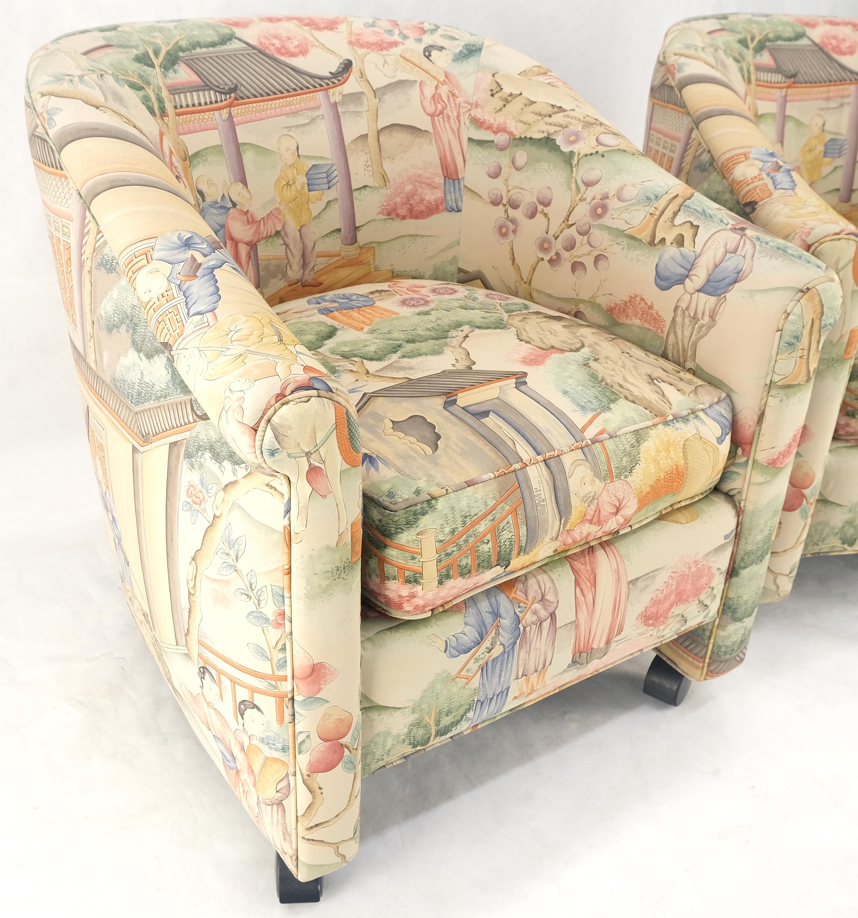 Pair Asian Silk Motive Round Barrel Back Upholstery Lounge Chairs Casters MINT For Sale 2