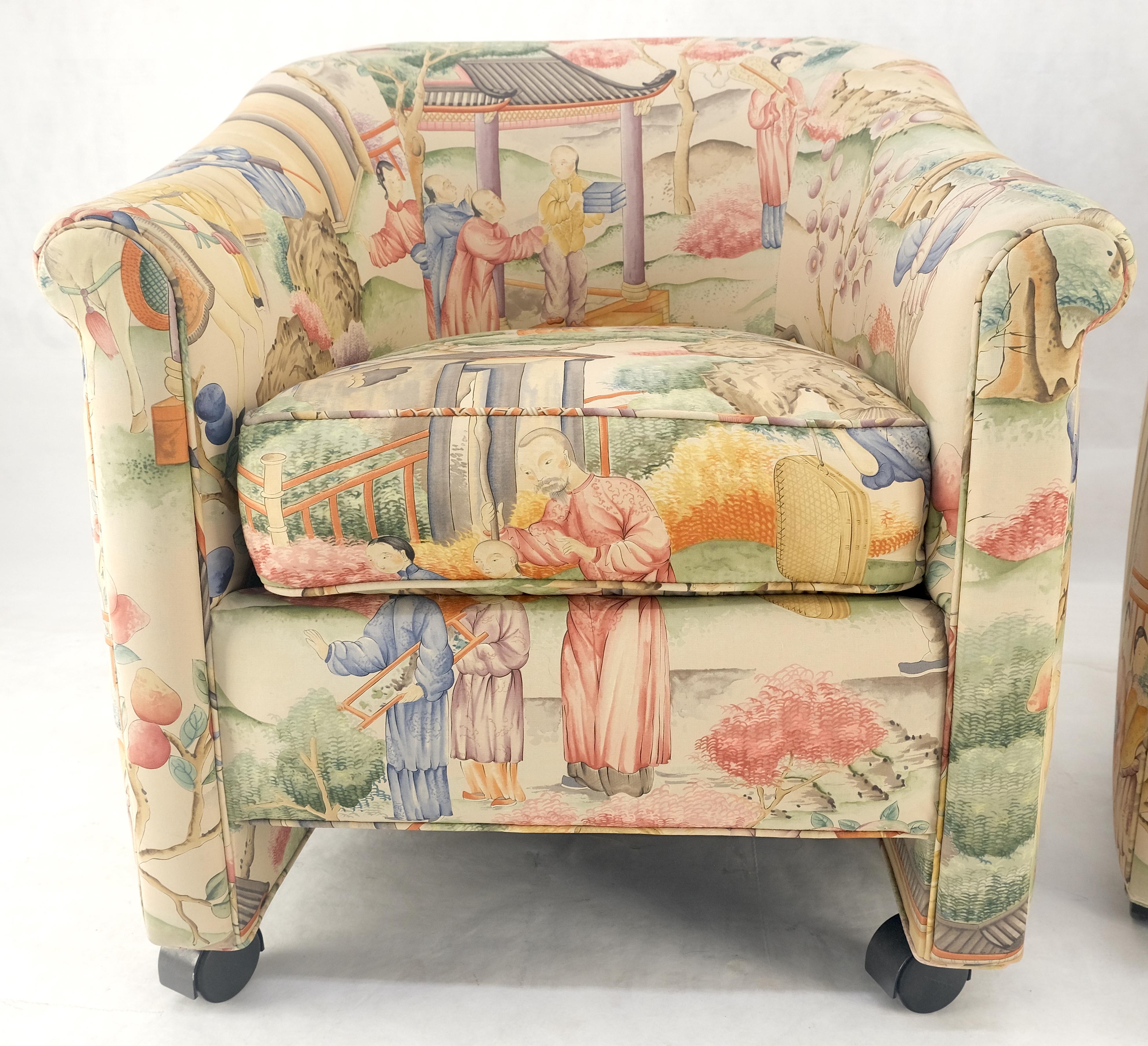 Pair Asian Silk Motive Round Barrel Back Upholstery Lounge Chairs Casters MINT For Sale 3