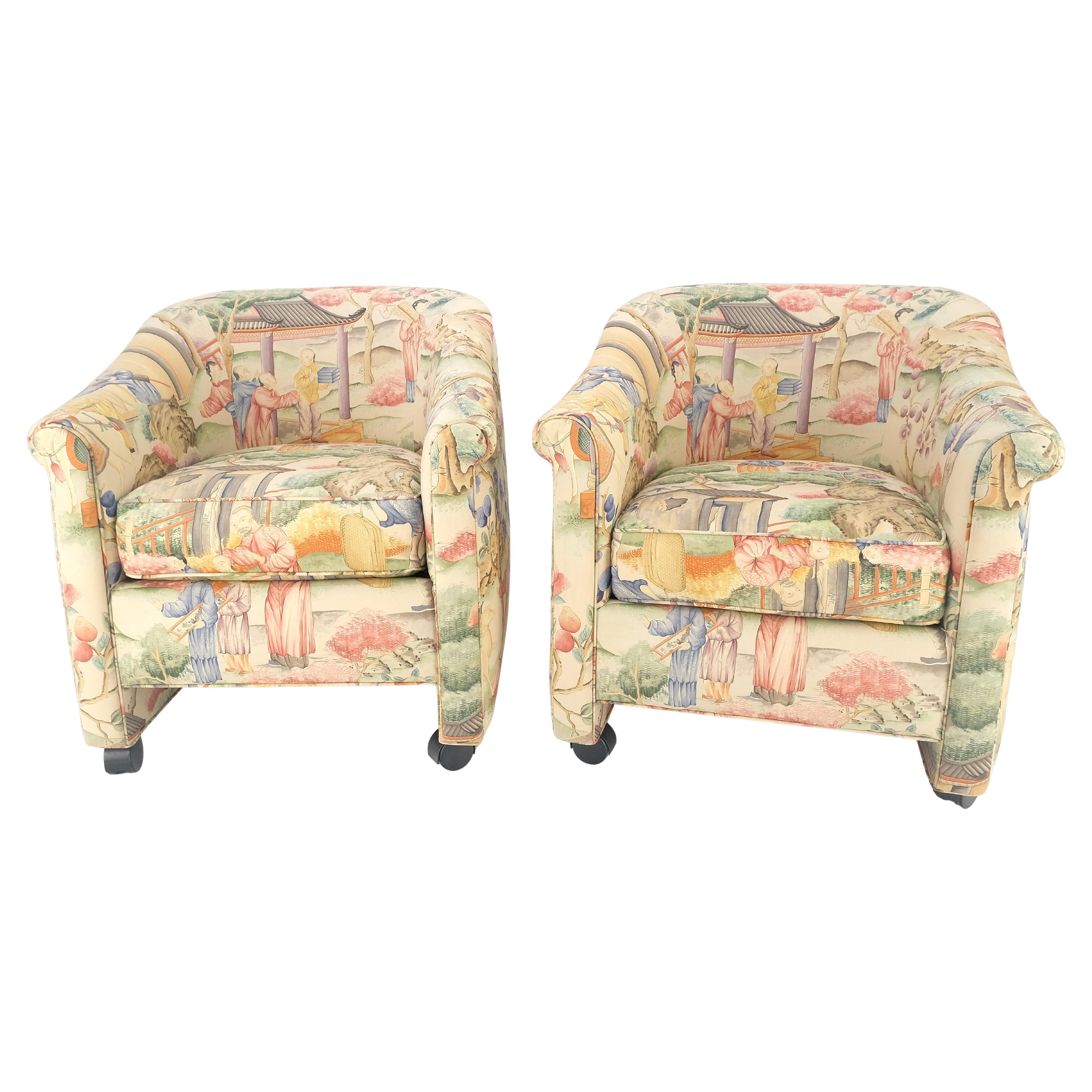 Pair Asian Silk Motive Round Barrel Back Upholstery Lounge Chairs Casters MINT For Sale
