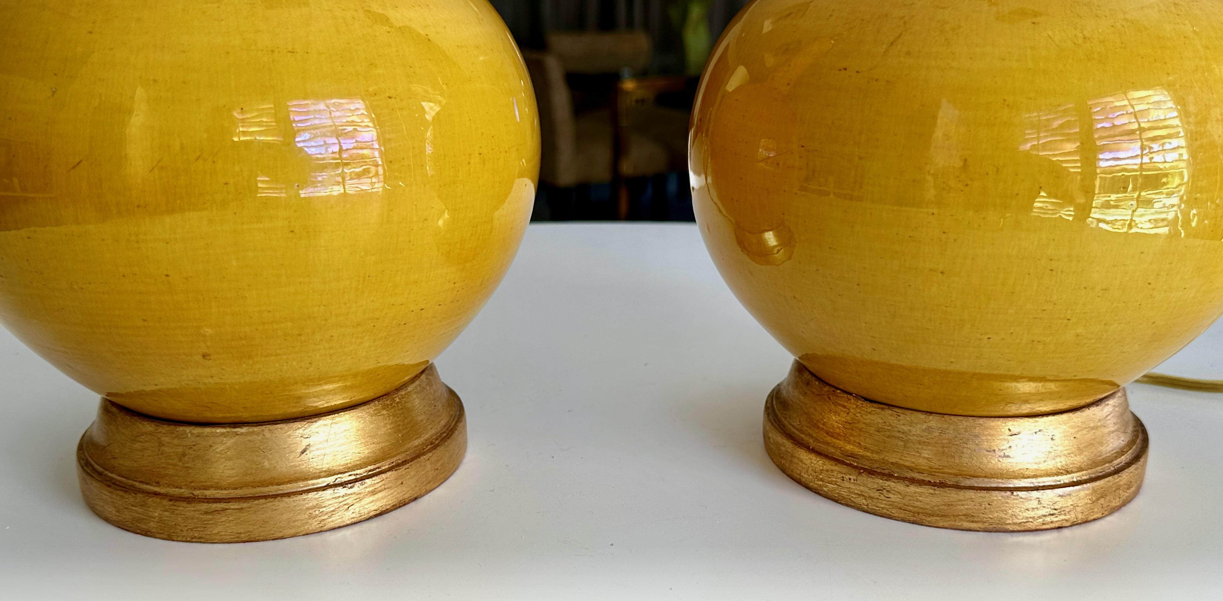 Pair Asian Style Bright Yellow Porcelain Table Lamps For Sale 6