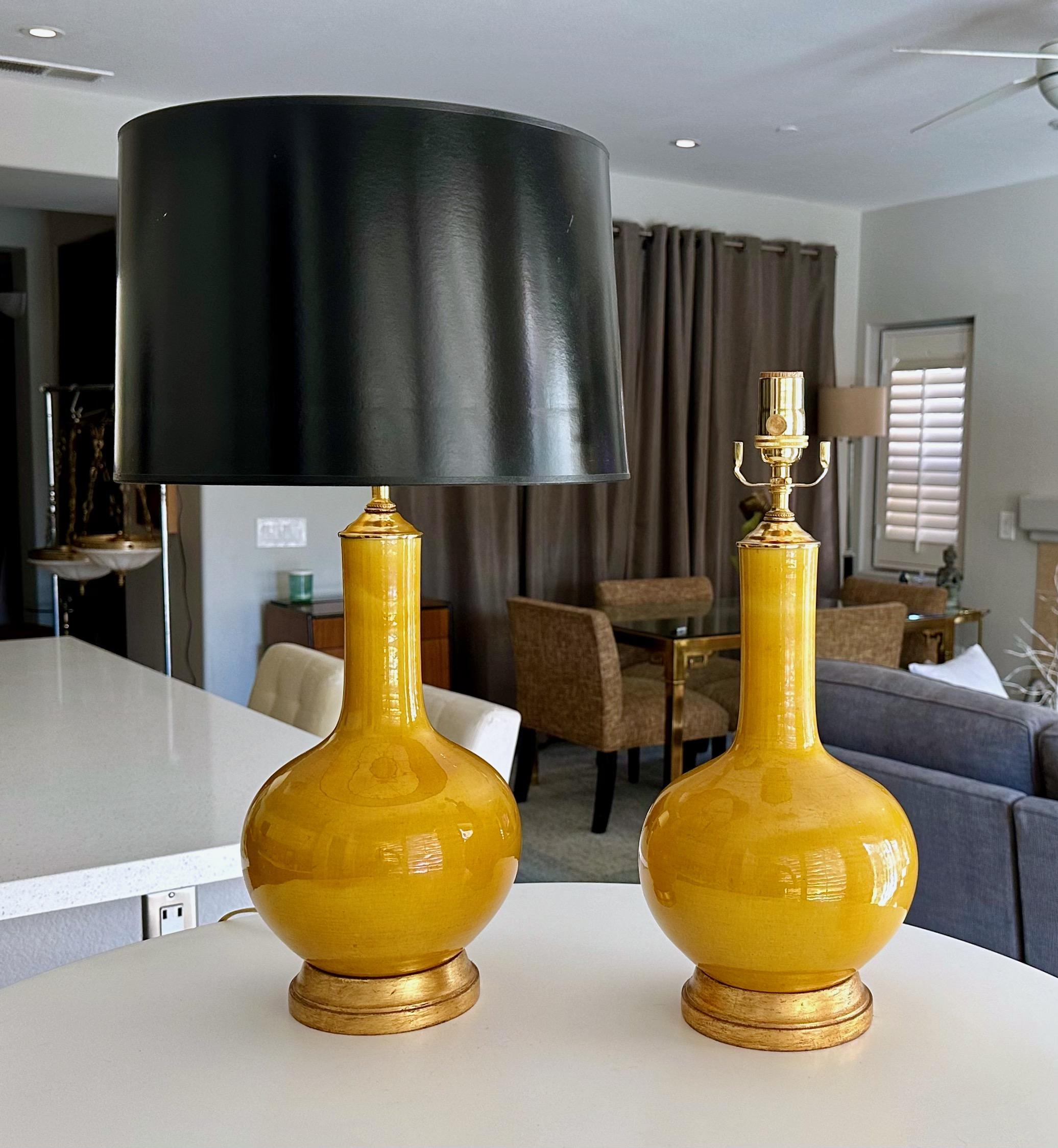 Pair Asian Style Bright Yellow Porcelain Table Lamps For Sale 12