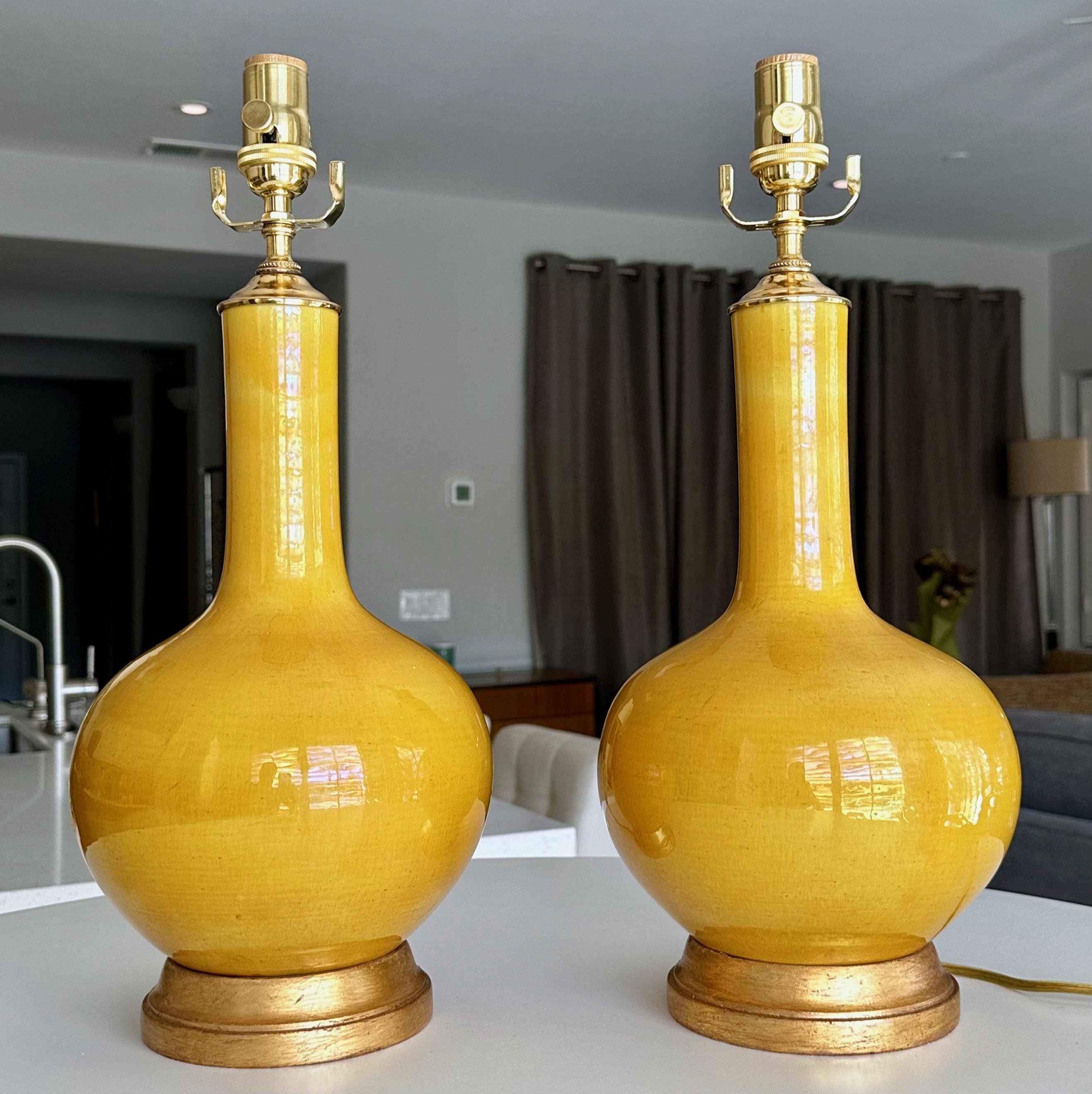 Pair Asian Style Bright Yellow Porcelain Table Lamps For Sale 13