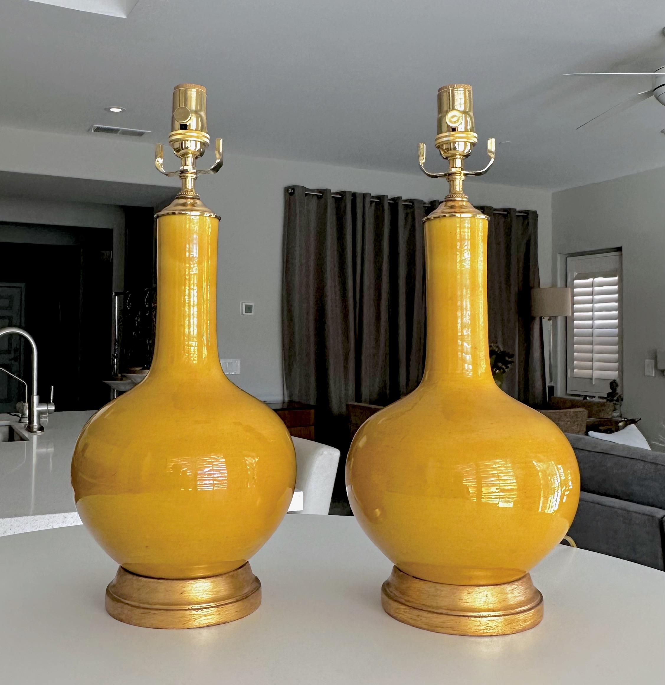 Pair Asian Style Bright Yellow Porcelain Table Lamps In Good Condition For Sale In Palm Springs, CA
