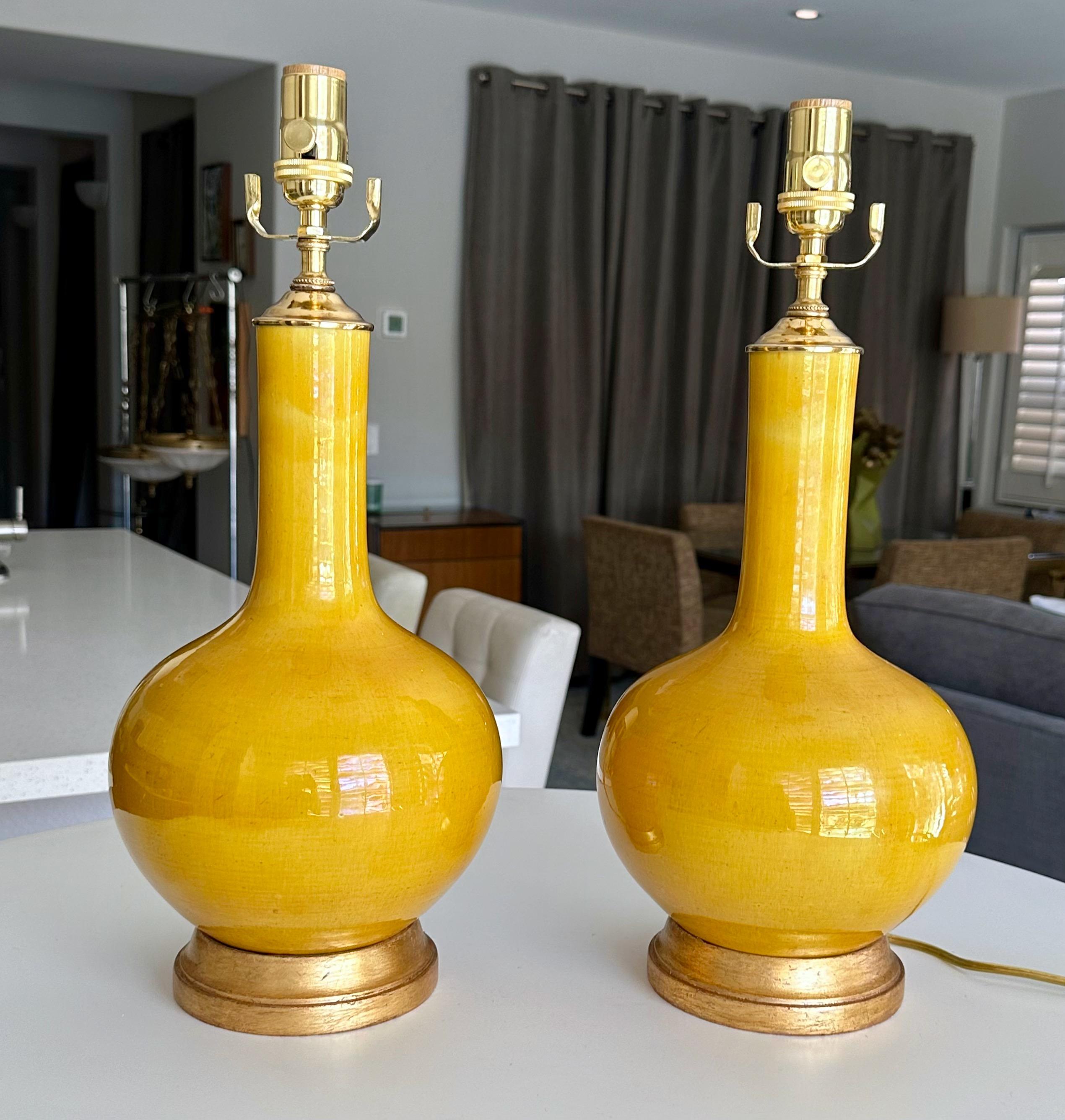 Brass Pair Asian Style Bright Yellow Porcelain Table Lamps For Sale