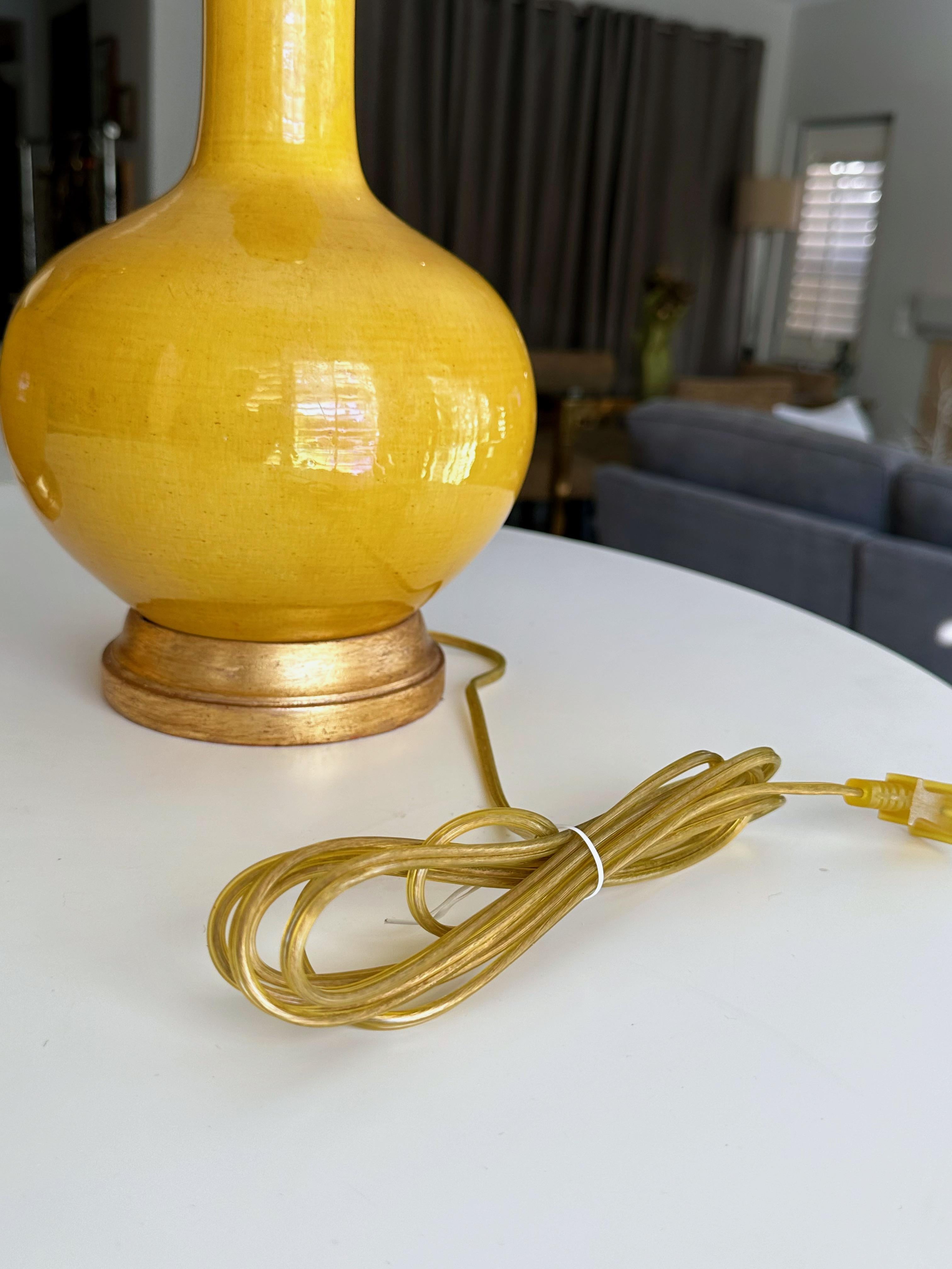 Pair Asian Style Bright Yellow Porcelain Table Lamps For Sale 2