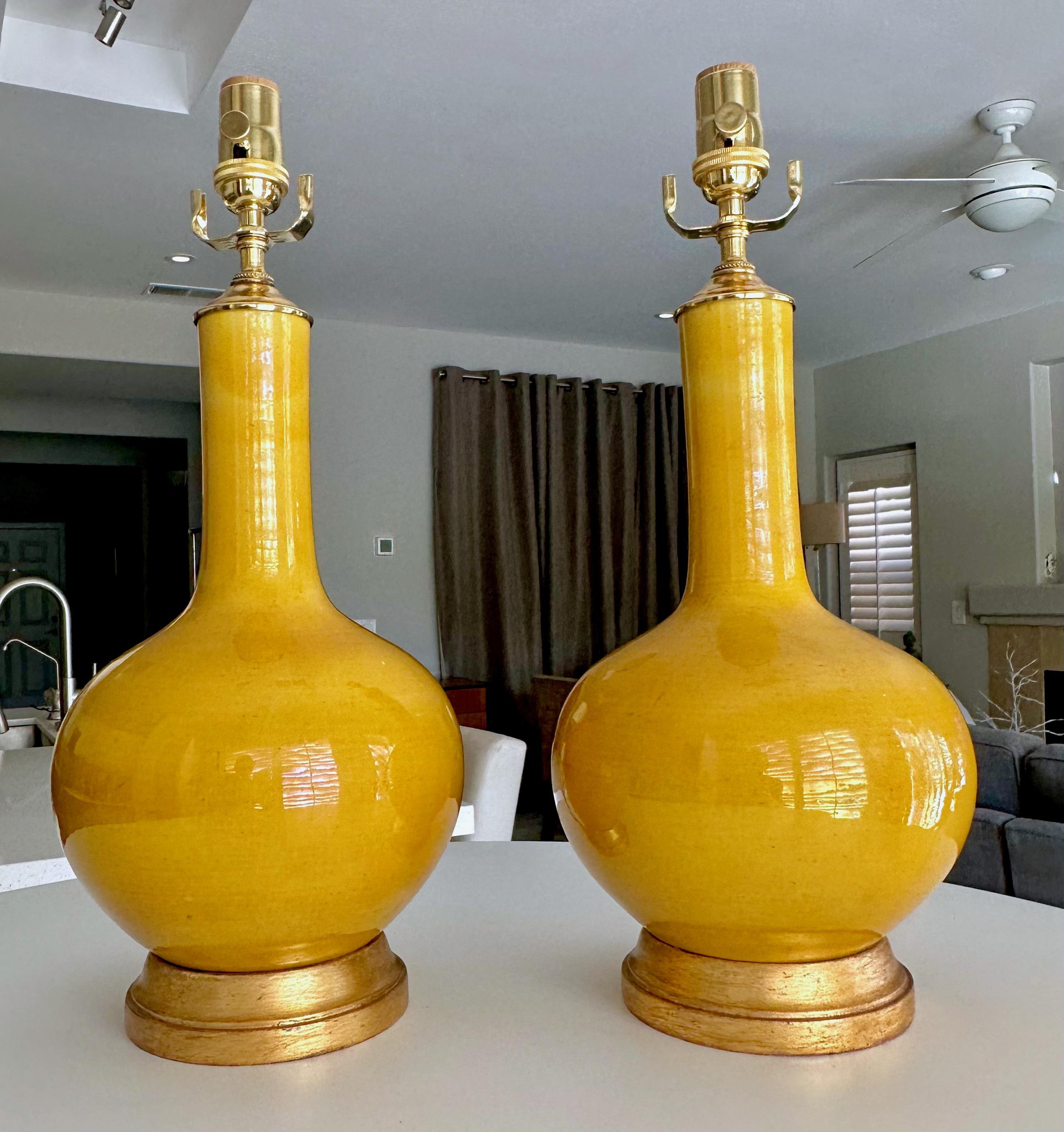Pair Asian Style Bright Yellow Porcelain Table Lamps For Sale 3